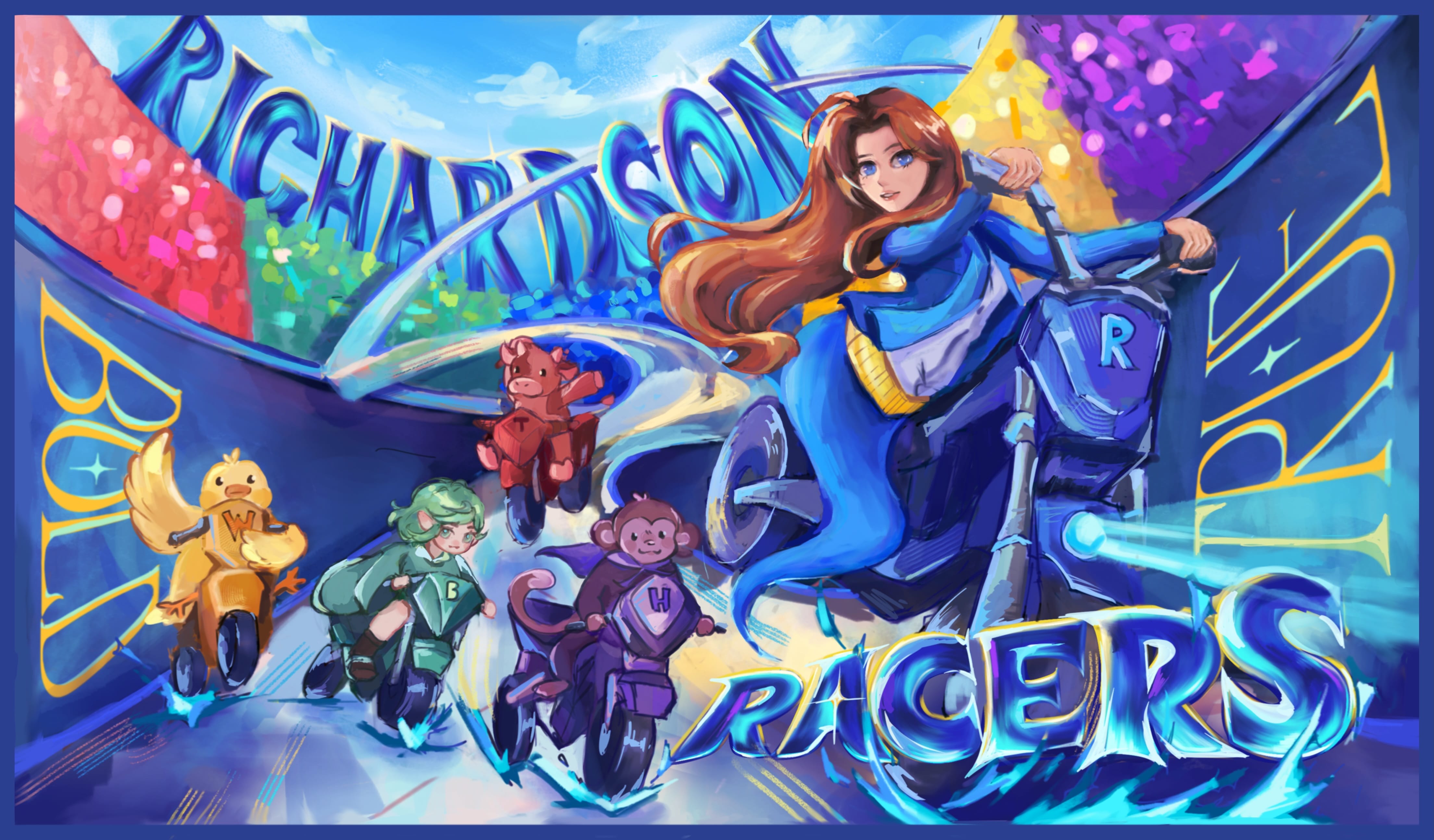 Colorful cartoon art titled Richardson Racers showing a girl on a motorcycle leading animal and character racers.