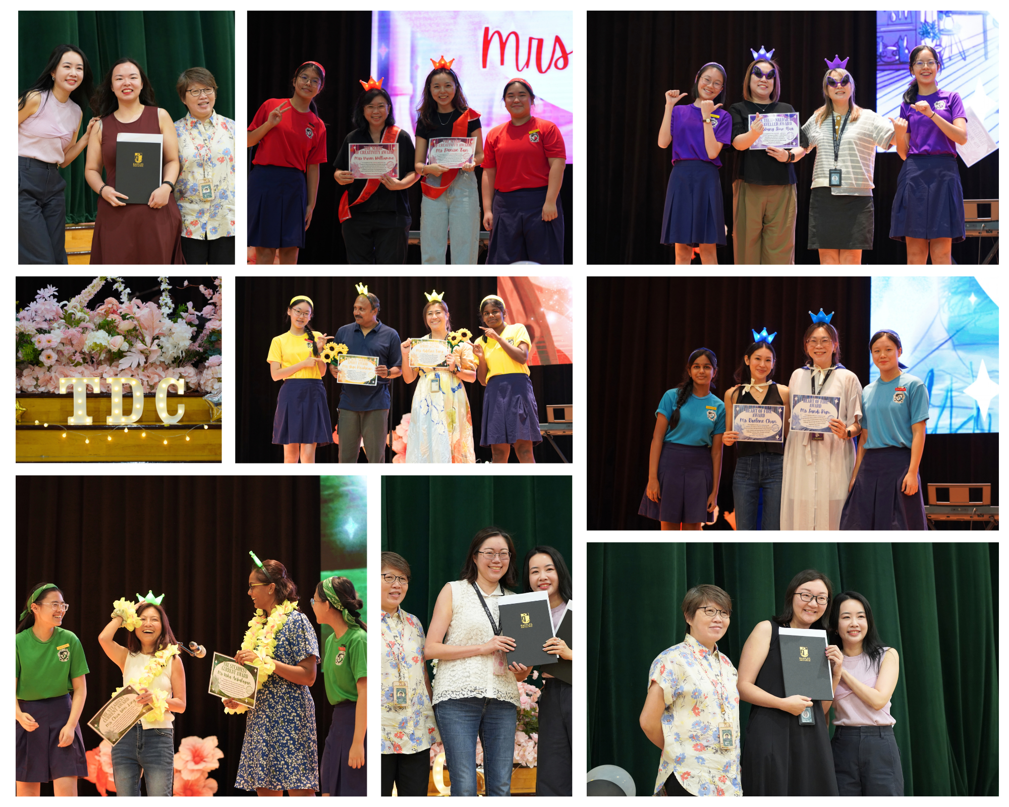 A photo collage of teachers and students on stage being presented prizes, in colourful outfits.