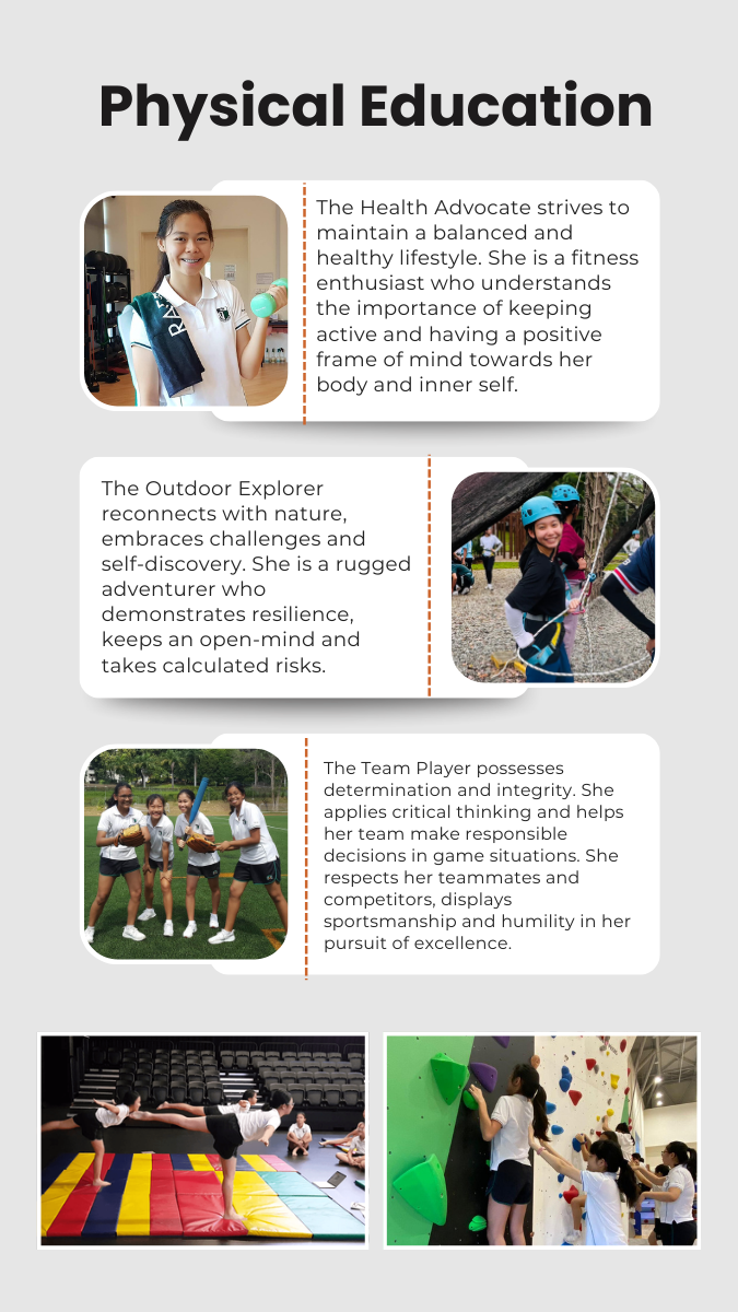 Physical Education flyer showing students lifting weights, rock climbing, playing team sports, and doing gym activities.