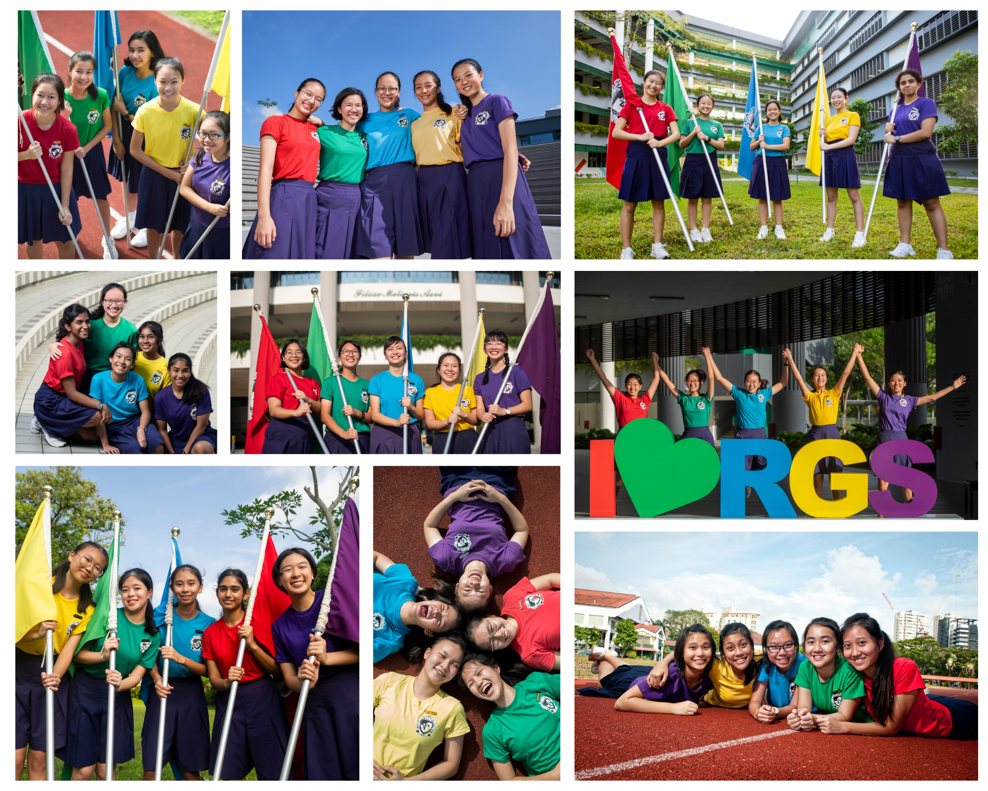 Collage of schoolgirls in colorful shirts holding flags, posing outdoors and around large I love RGS letters.