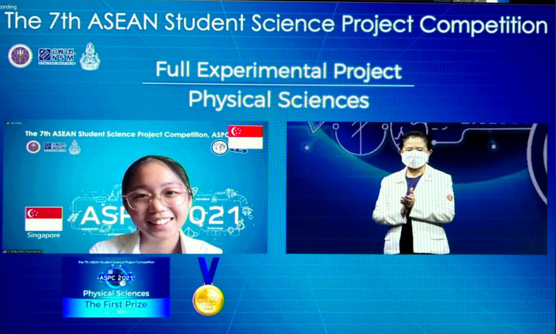 Screen showing the 7th ASEAN Student Science Project Competition with a Singapore student winning First Prize in Physical Sciences.