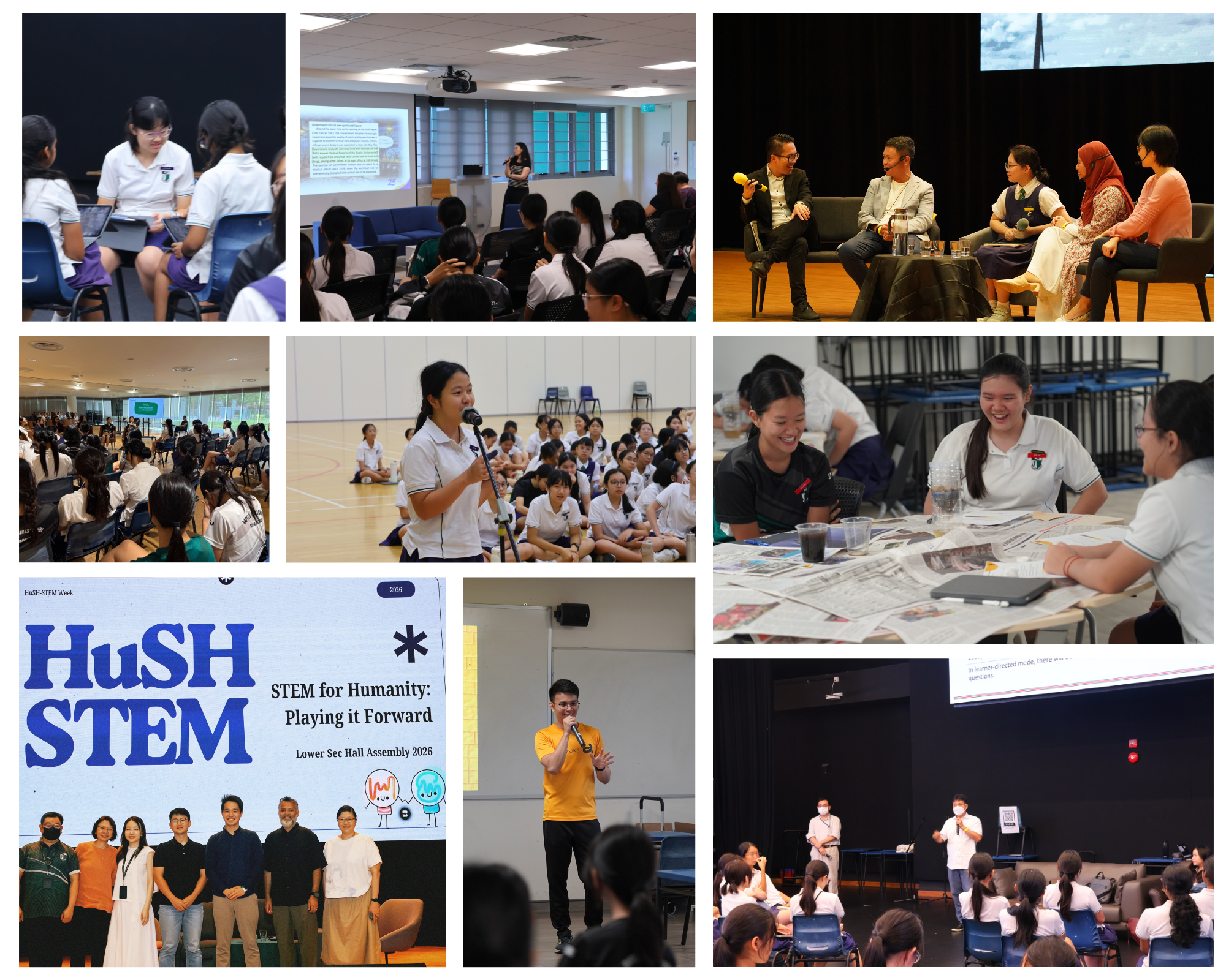 Collage of school students and teachers at HuSH-STEM Week events including panel talks, assemblies, and group activities.