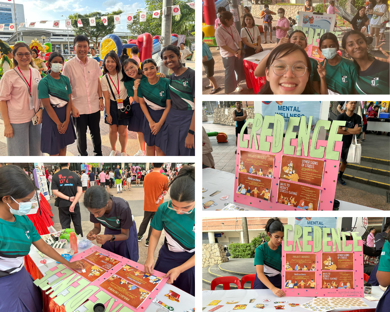 Photo collage of students at an outdoor fair, posing and working at a booth with a Mental Wellness Credence poster.