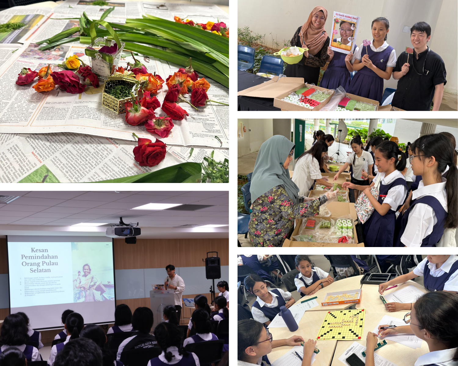 Four scenes of a school cultural event: flowers on newspaper, a presentation, students sampling food, and playing board games.