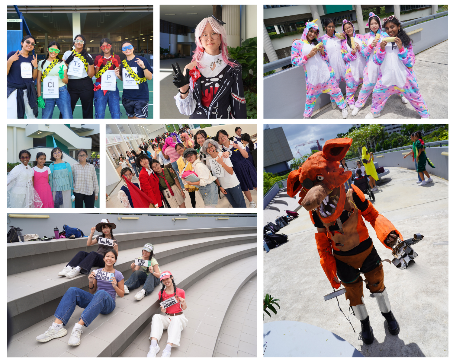 Students in various costumes including unicorn onesies, anime cosplay, a fox mascot suit, and Cars character signs at an outdoor event.