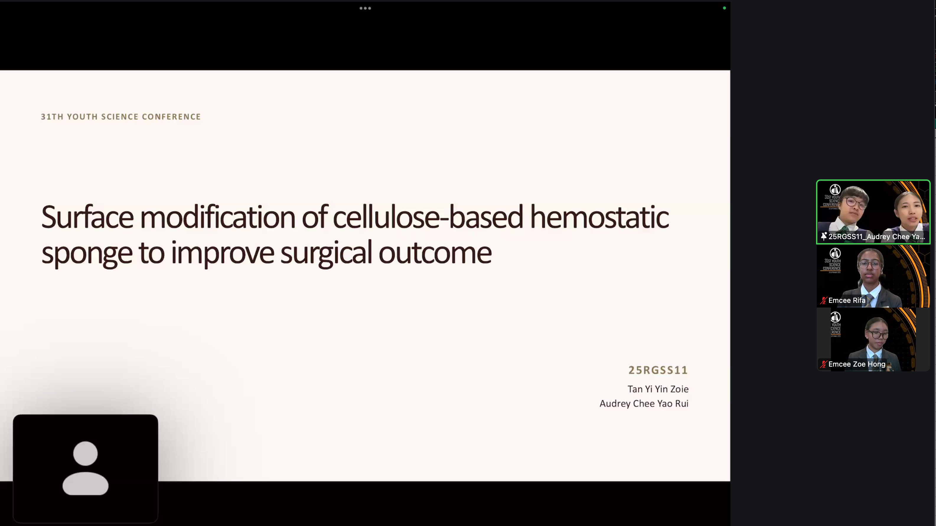 Virtual conference slide titled "Surface modification of cellulose-based hemostatic sponge" with three participant video thumbnails visible.