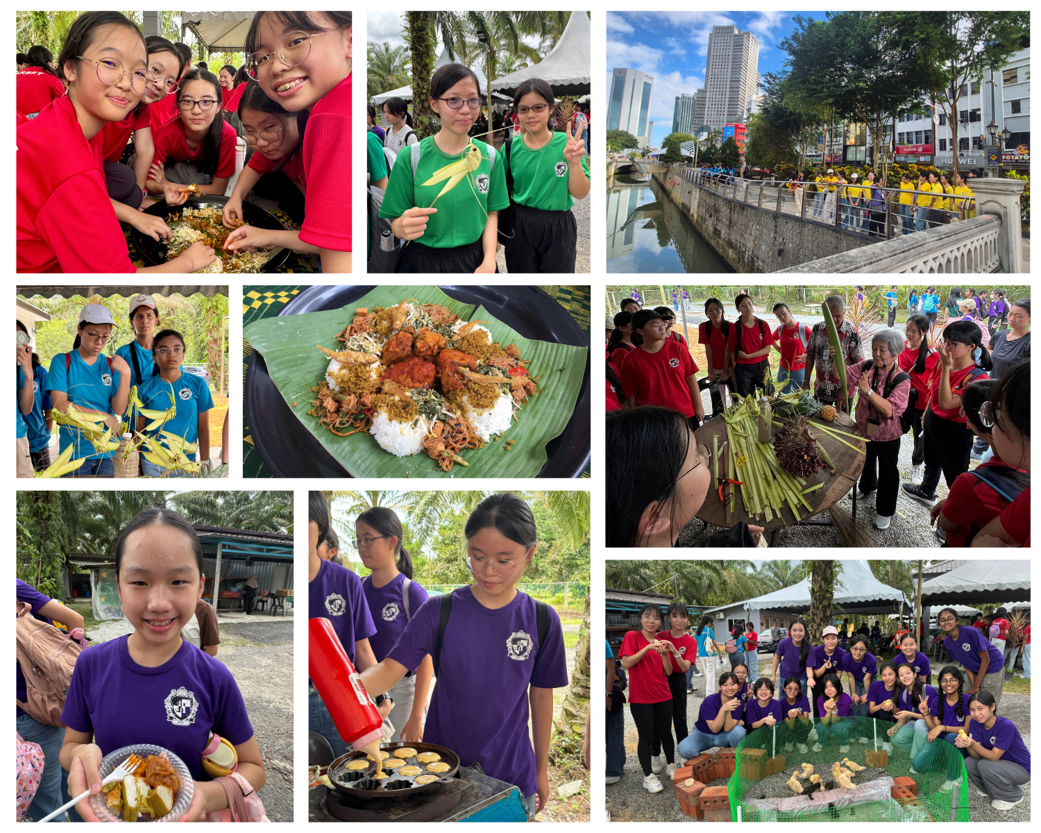 Students in red, green, and purple uniforms at an outdoor cultural event featuring food, cooking, and group activities.