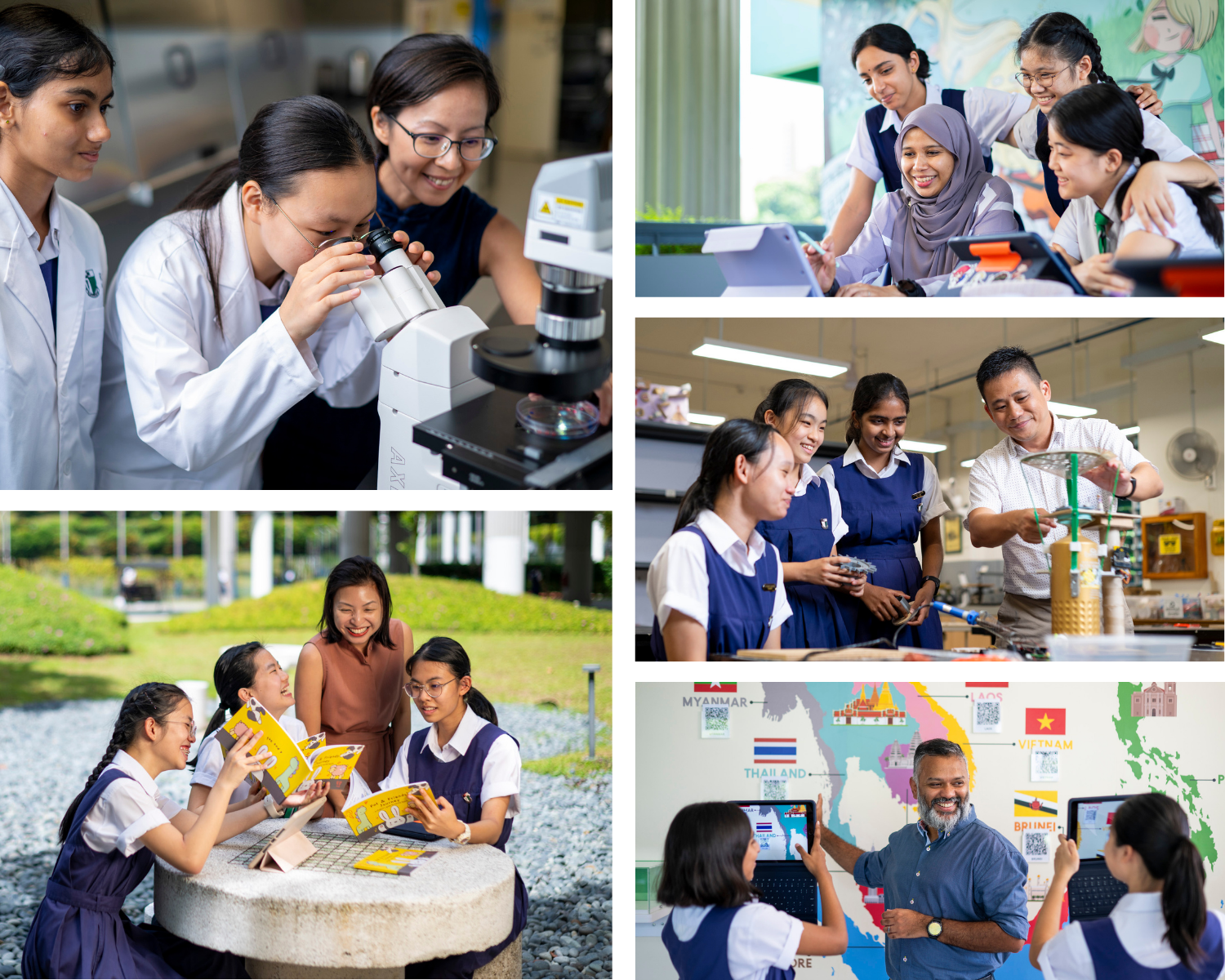 Collage of students doing microscope work, group study, reading outdoors, lab demo, and map lesson.