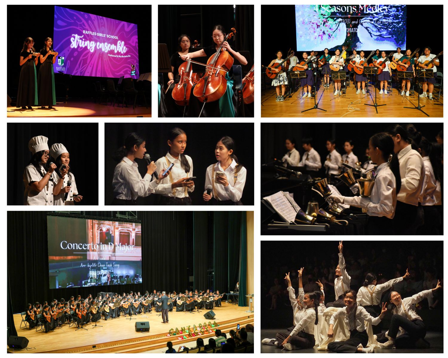 Collage of school concert performances including string ensemble, guitar group, brass band, dancers, and student emcees on stage.