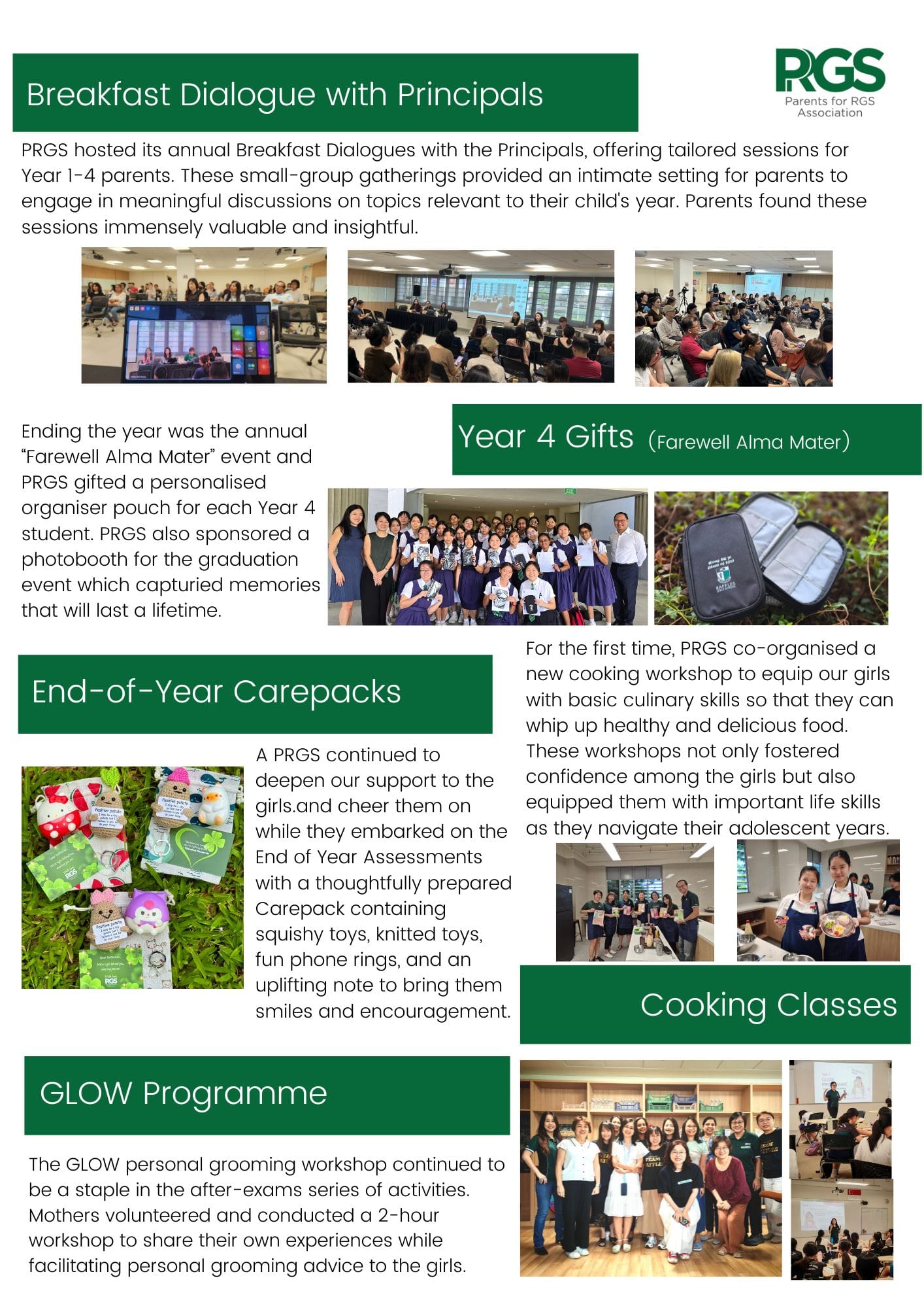 PRGS Parents Association newsletter showing events including breakfast dialogues, Year 4 gifts, carepacks, cooking classes, and GLOW programme.