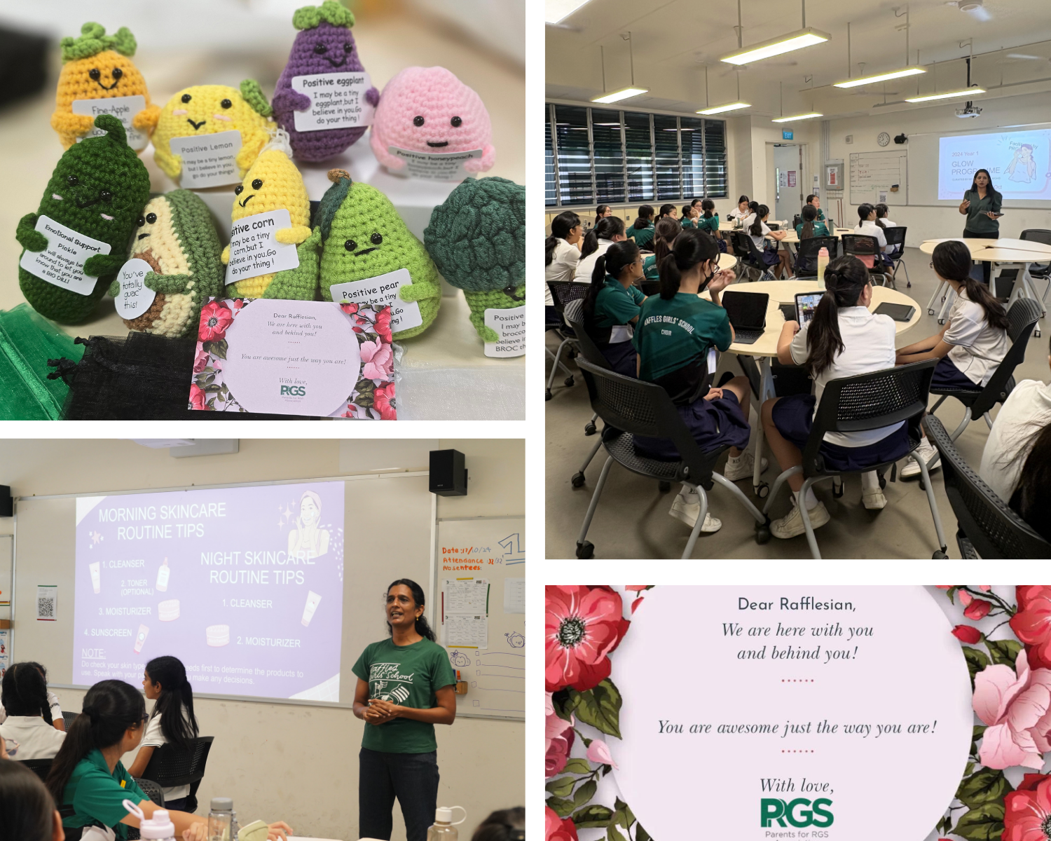 Four-panel collage showing crocheted vegetable toys, a teacher presenting skincare tips, students in class, and a floral motivational card.