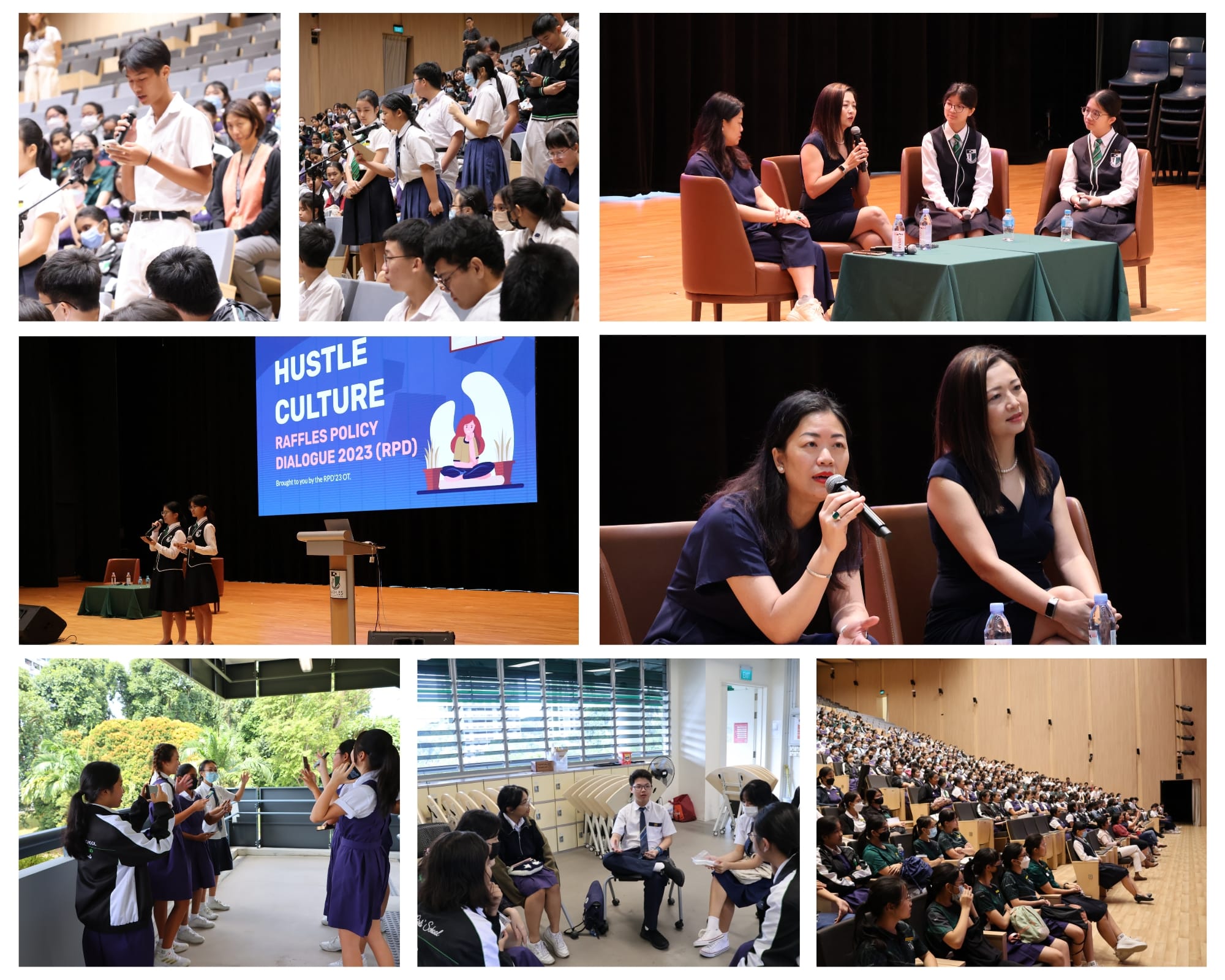Collage of Raffles Policy Dialogue 2023 on Hustle Culture, showing students and panelists in an auditorium setting.