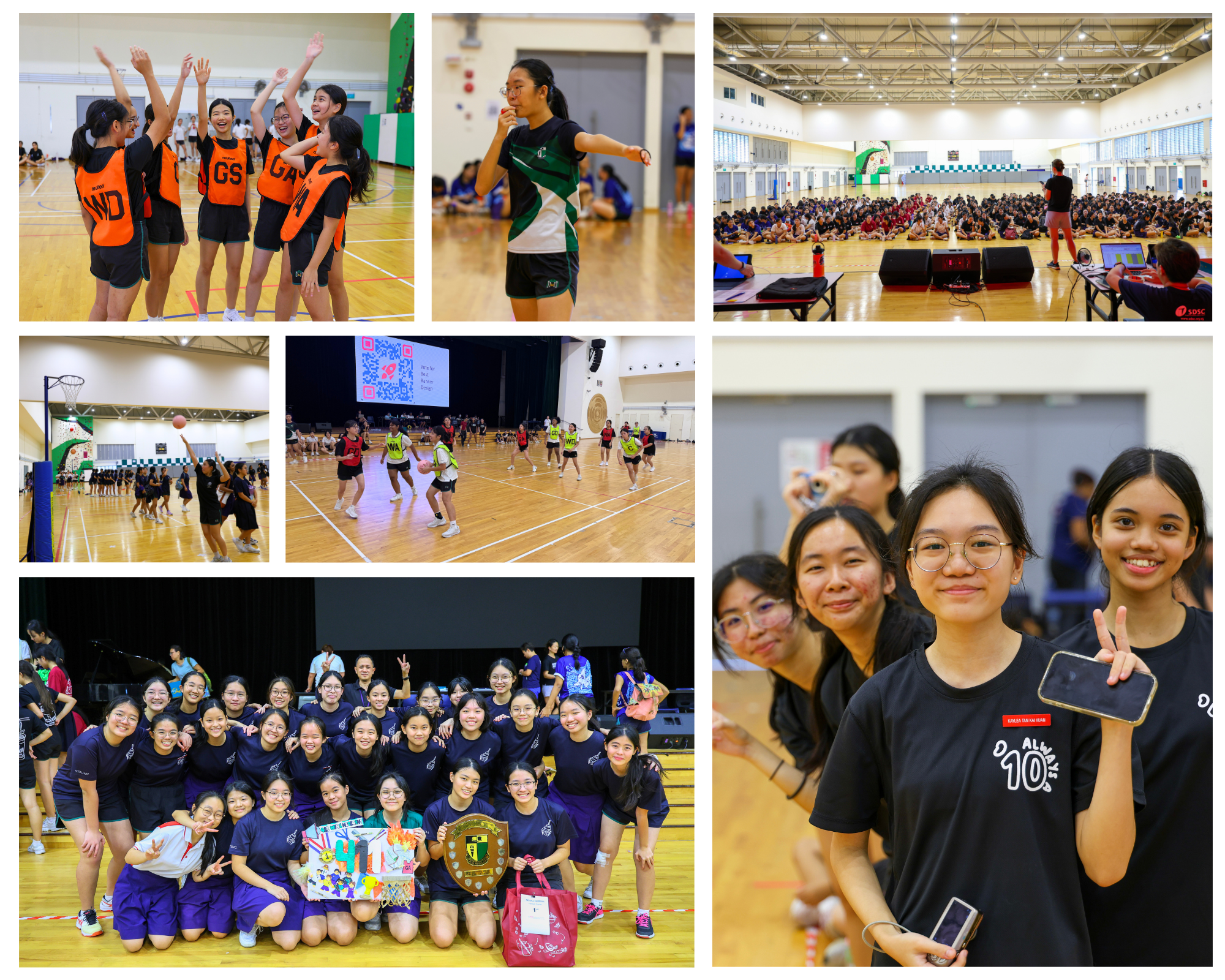 Collage of students at an indoor sports event: cheering team, games in gym, crowd, and group photos.