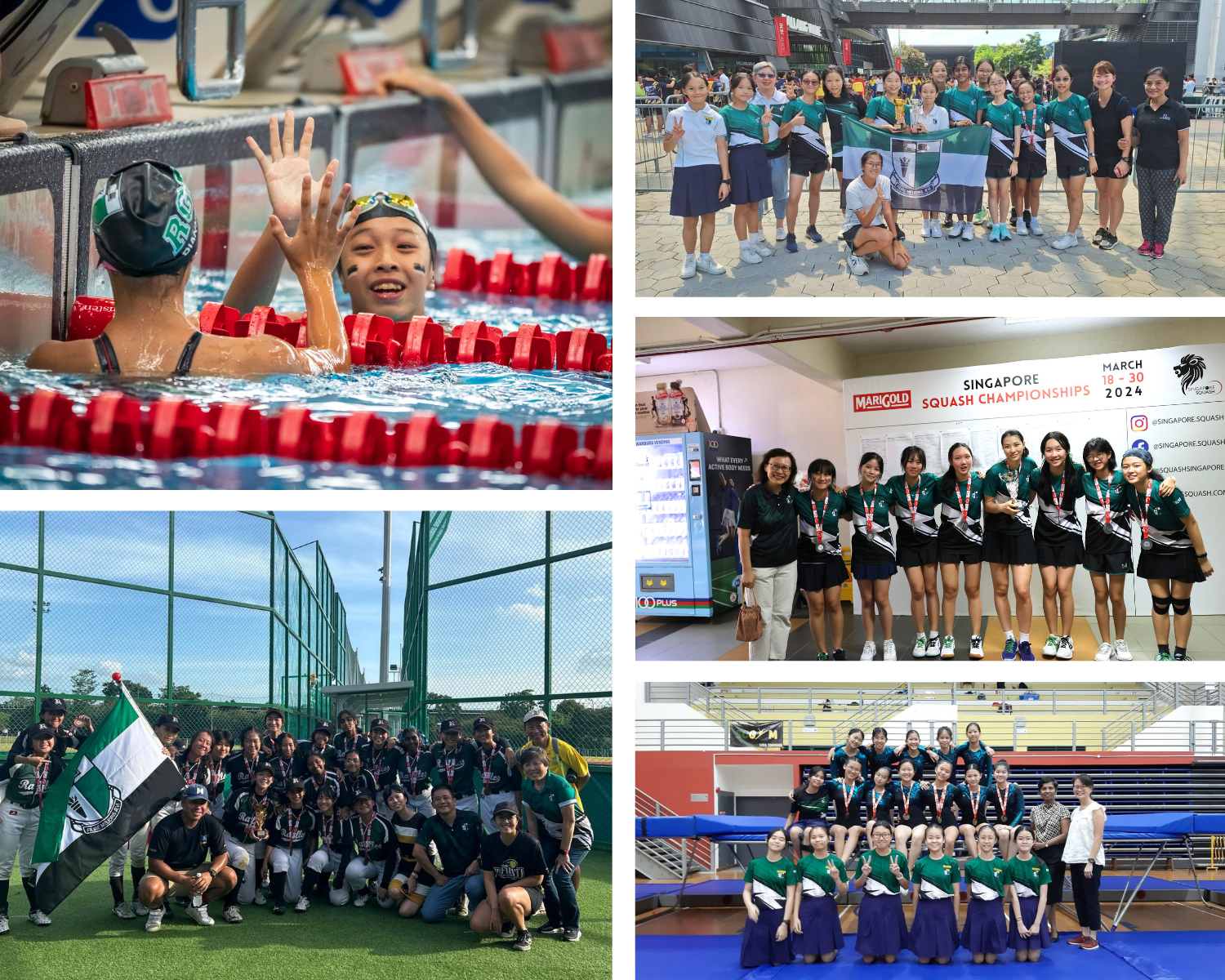 Collage of sports teams: swimmers high-five in pool; groups posing with medals, flag, and trophies at events.