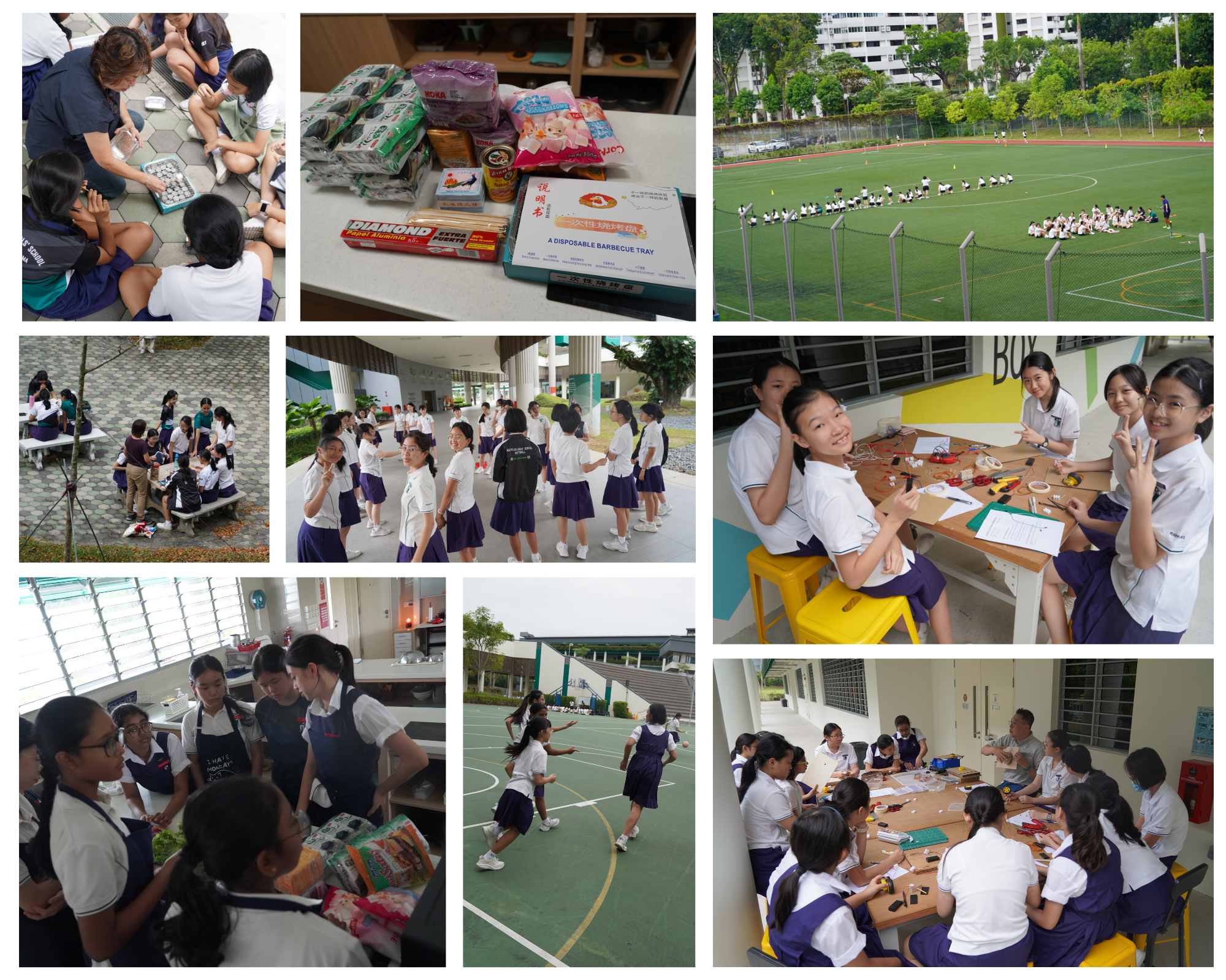 Collage of students cooking, doing outdoor drills, and building projects at tables in a school setting.