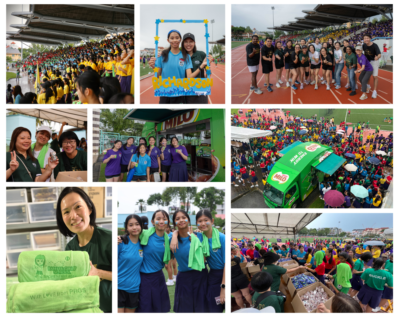 Collage of a school sports fest with students in colored uniforms, a Milo truck, group photos, and green branded towels.