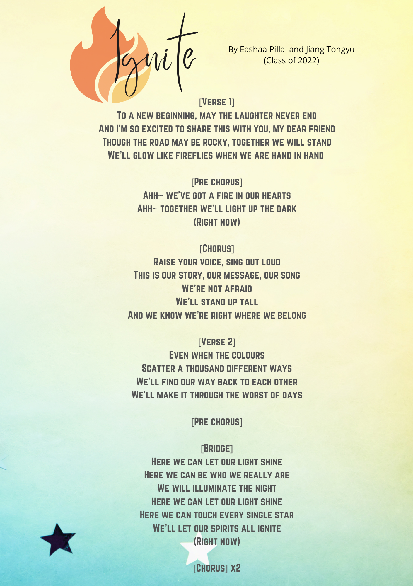 Song lyrics for "Ignite" by Eashaa Pillai and Jiang Tongyu, Class of 2022, with a flame icon at top.