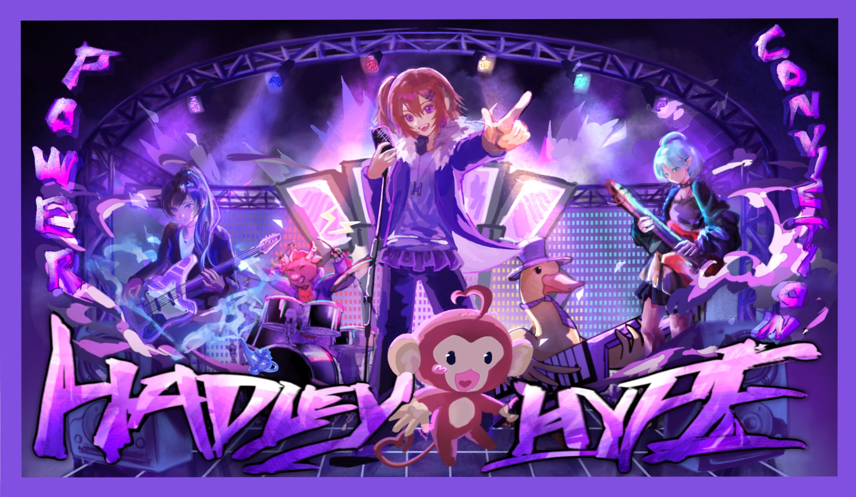 Anime-style band on a purple-lit stage with text reading Hadley Hype.
