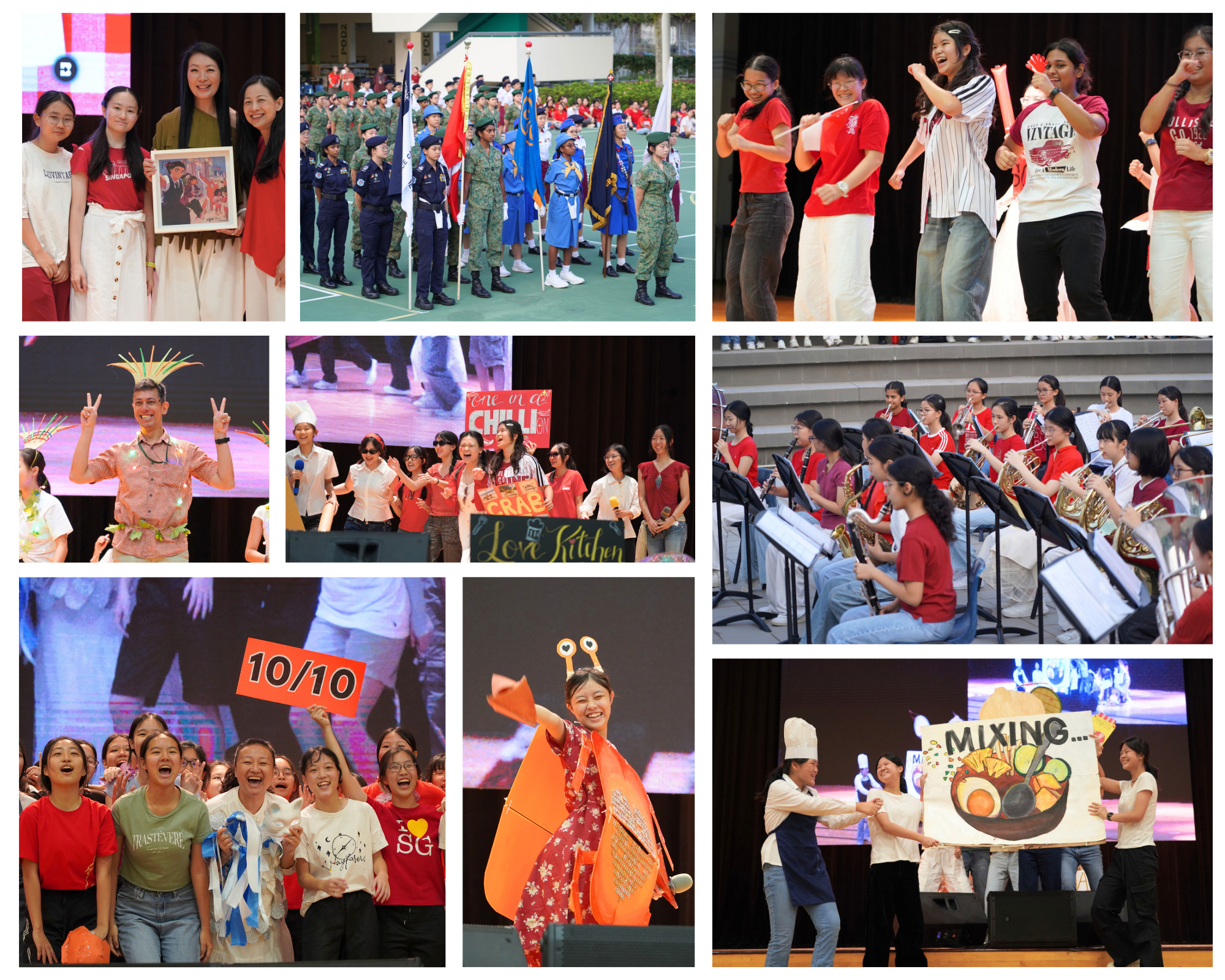 A photo collage of people dressed in red and white, a uniform group parade and dance performances.
