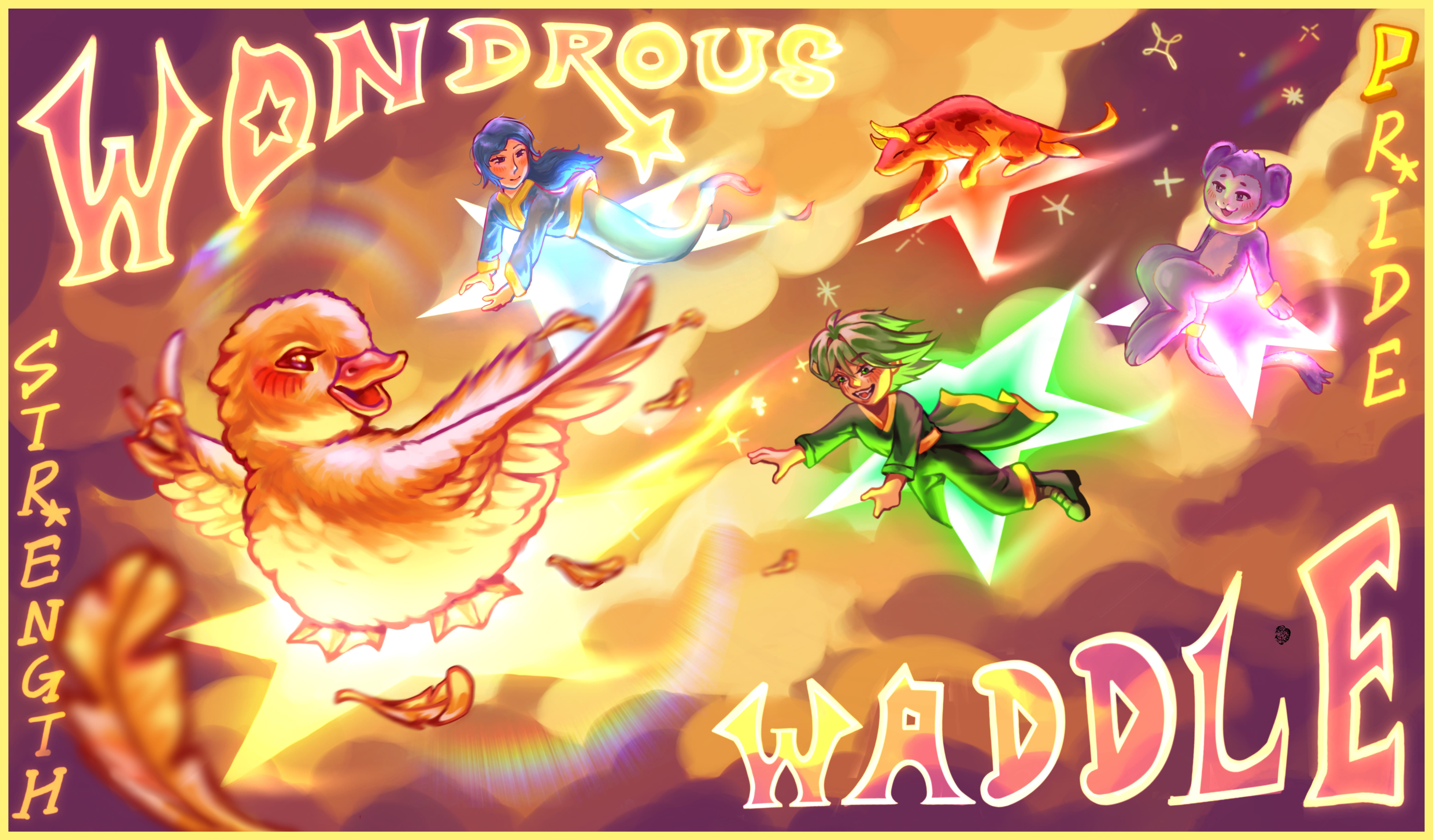 Flying duck and four other flying characters on glowing stars in cloudy sky, with words Wondrous, Waddle, Pride, Strength