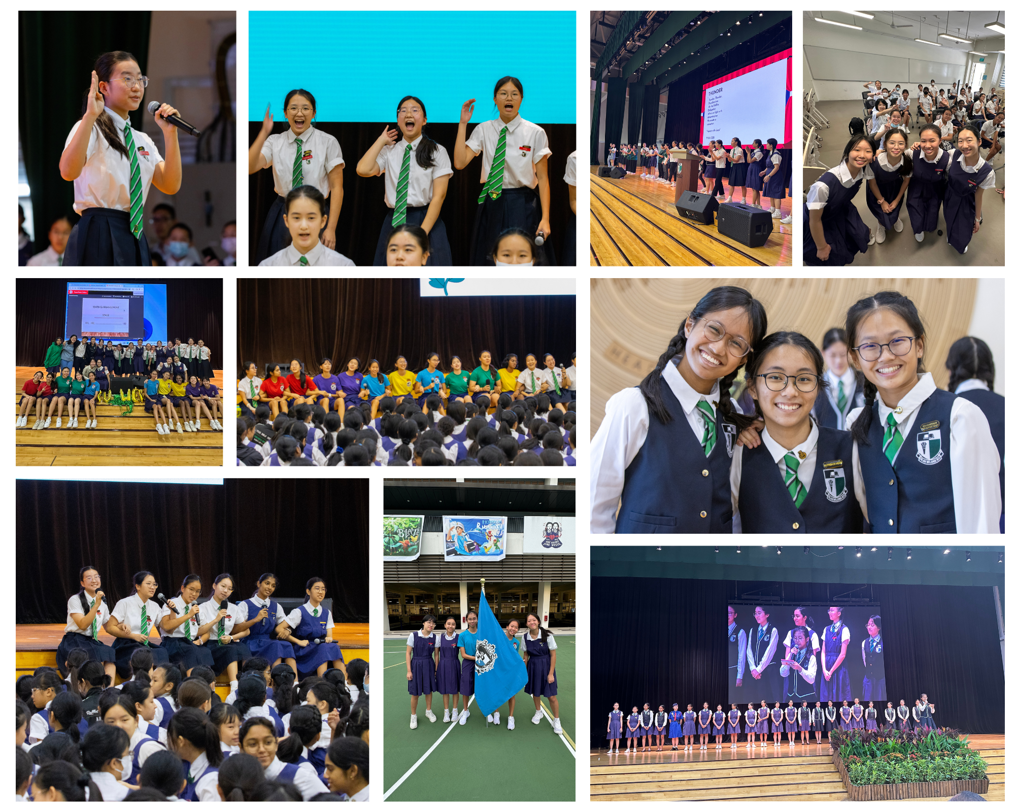 Collage of schoolgirls in uniforms singing on stage, posing for photos, and speaking at a school assembly.