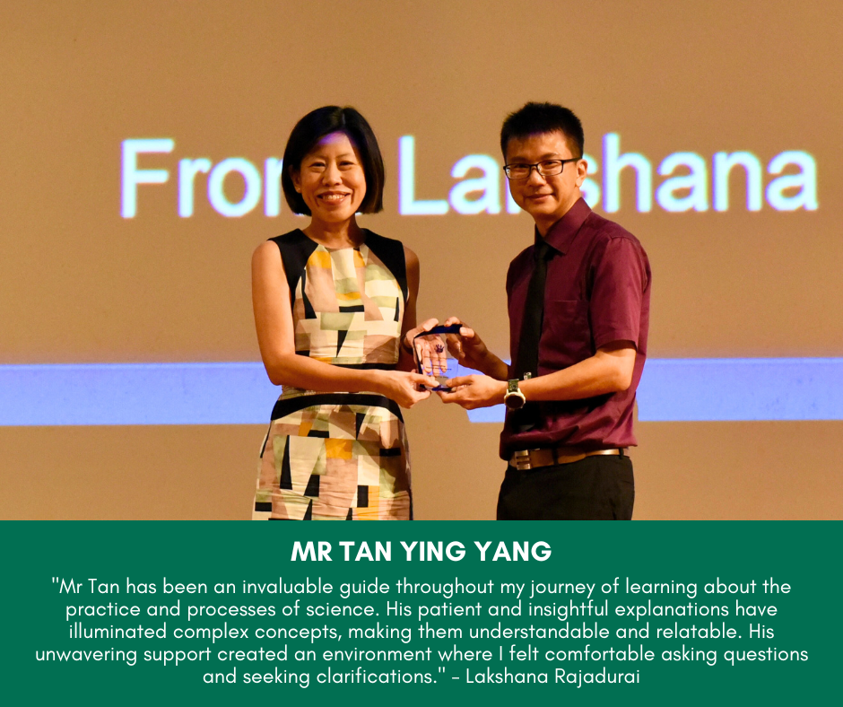 Two people on stage exchange a crystal award, with a quote praising Mr Tan Ying Yang displayed below.