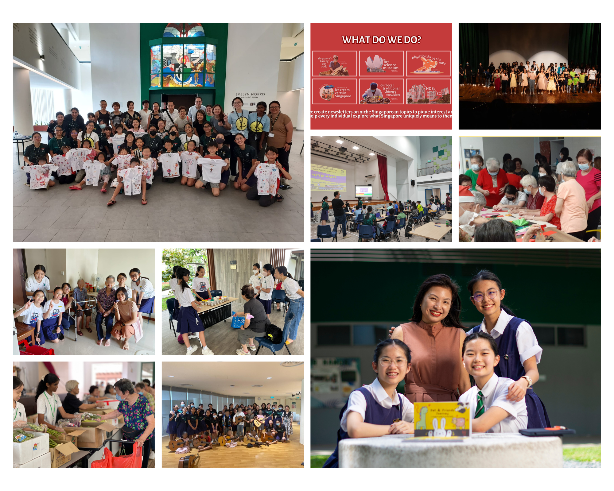 Collage of group photos showing students and adults in volunteering activities, plus a portrait of a woman with 3 girls looking proudly at the camera.