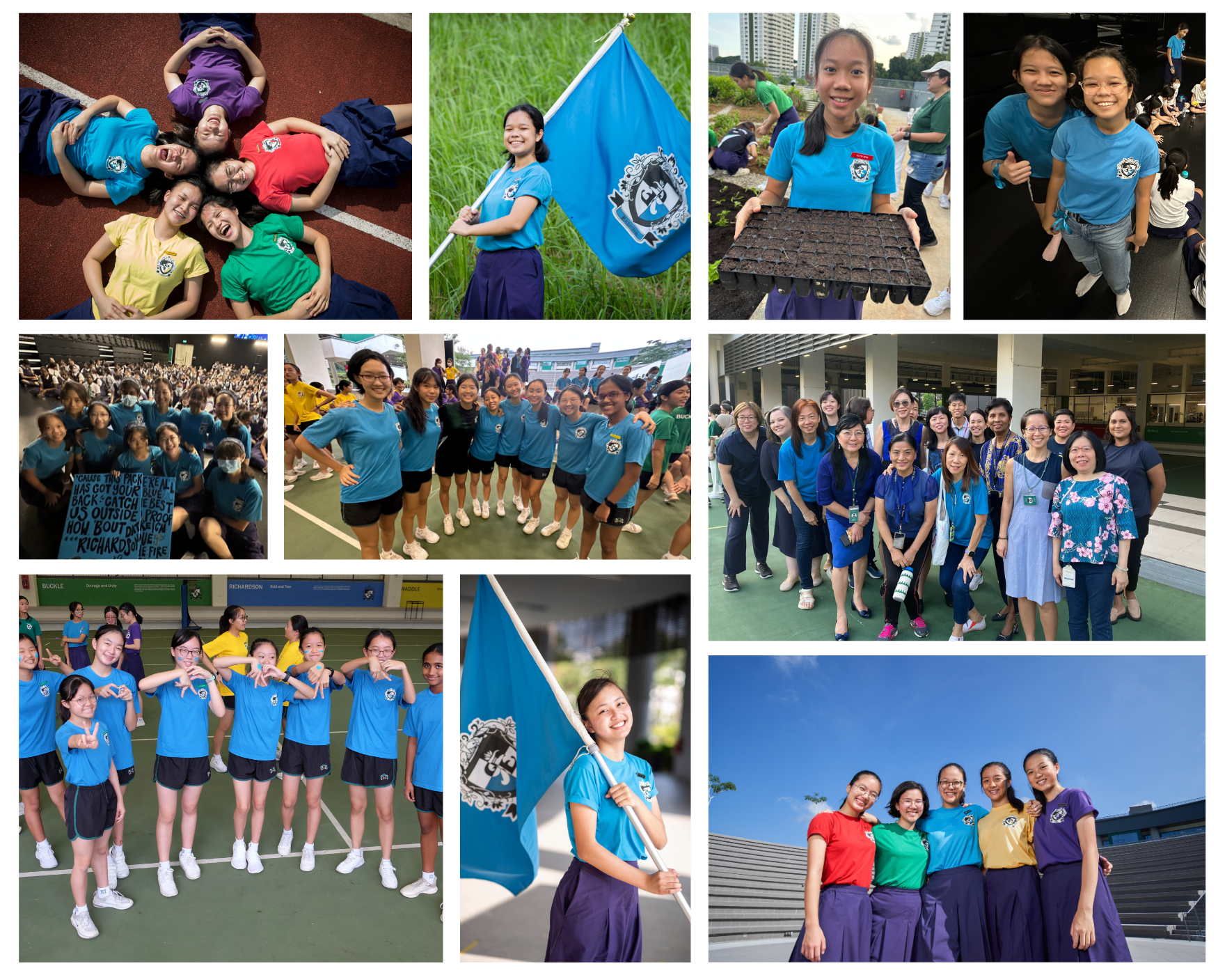 Collage of students in blue uniforms at school events, holding flags, posing in groups, and planting seedlings.