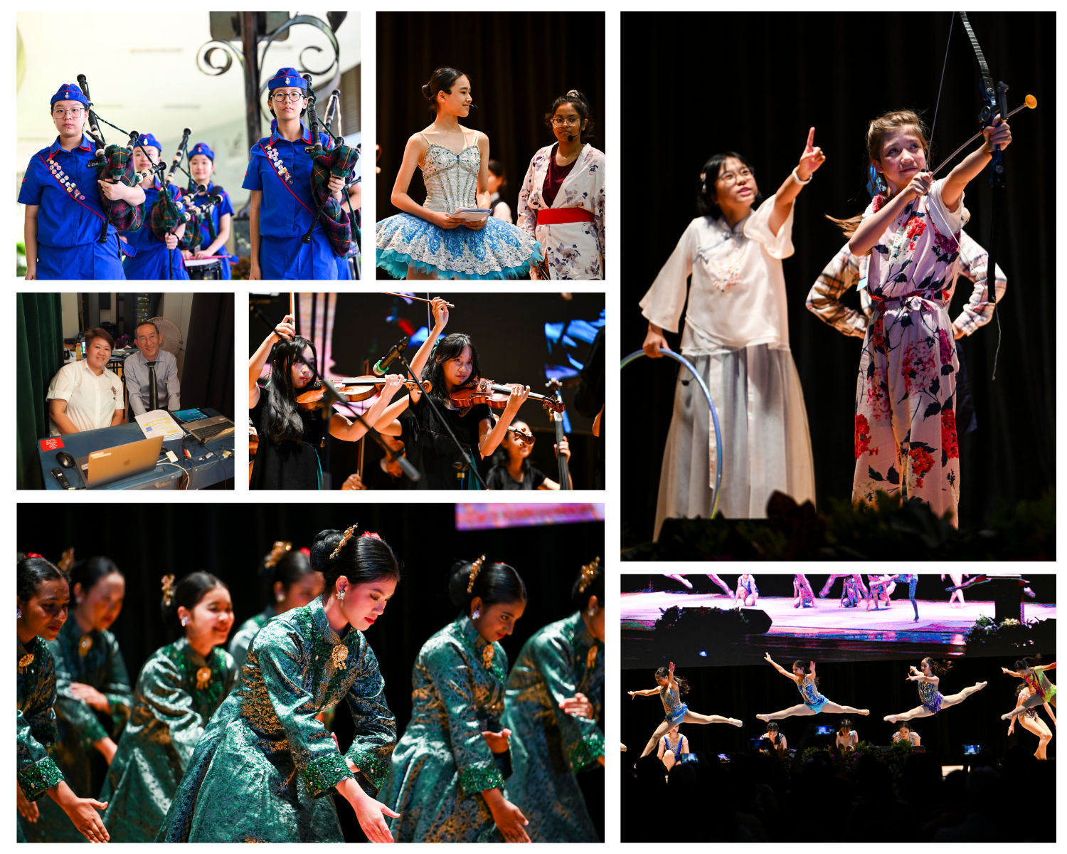 Collage of student performances including bagpipers, ballet dancers, violinists, traditional dancers, gymnasts, and stage actors.