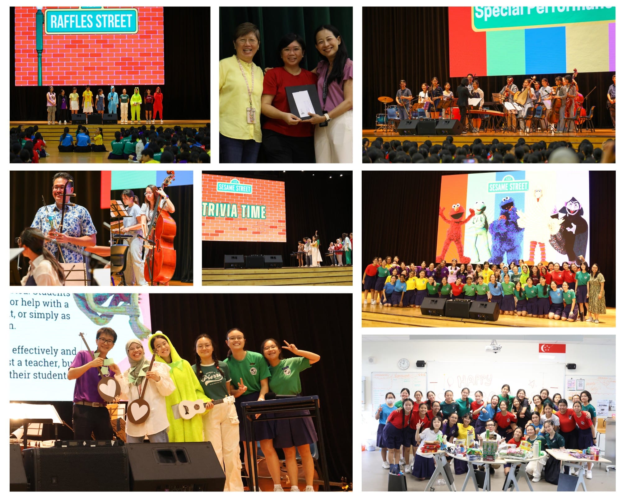 Collage of a school Sesame Street-themed event with performances, orchestra, trivia, Muppet characters, and group photos.