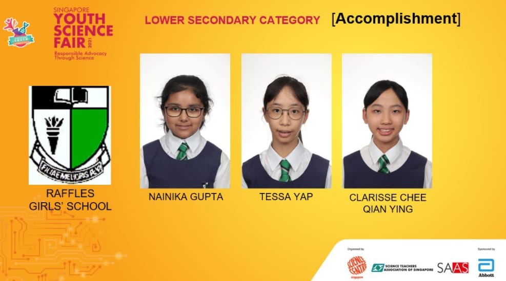 Three Raffles Girls' School students receive Accomplishment awards at Singapore Youth Science Fair 2021.
