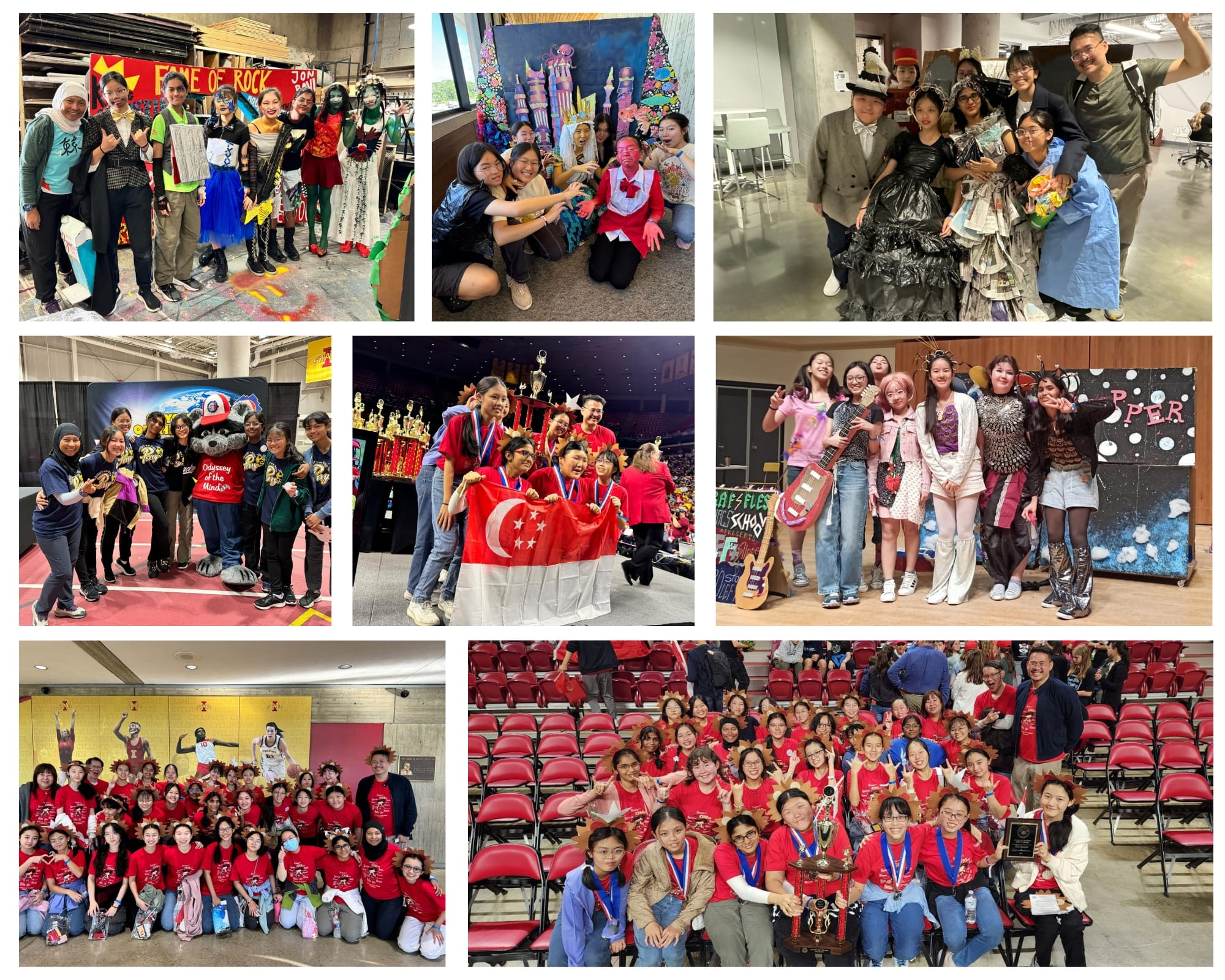Collage of students in costumes and red shirts celebrating at Odyssey of the Mind competitions with trophies and a Singapore flag.