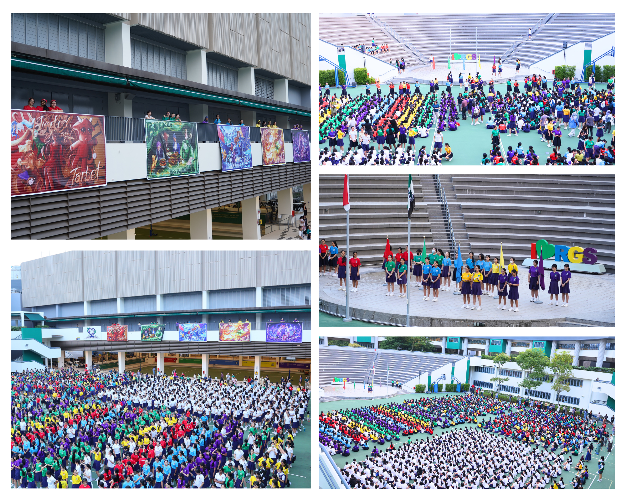 Collage of school event: students in color groups in a stadium, banners on balcony, teams by flagpoles.