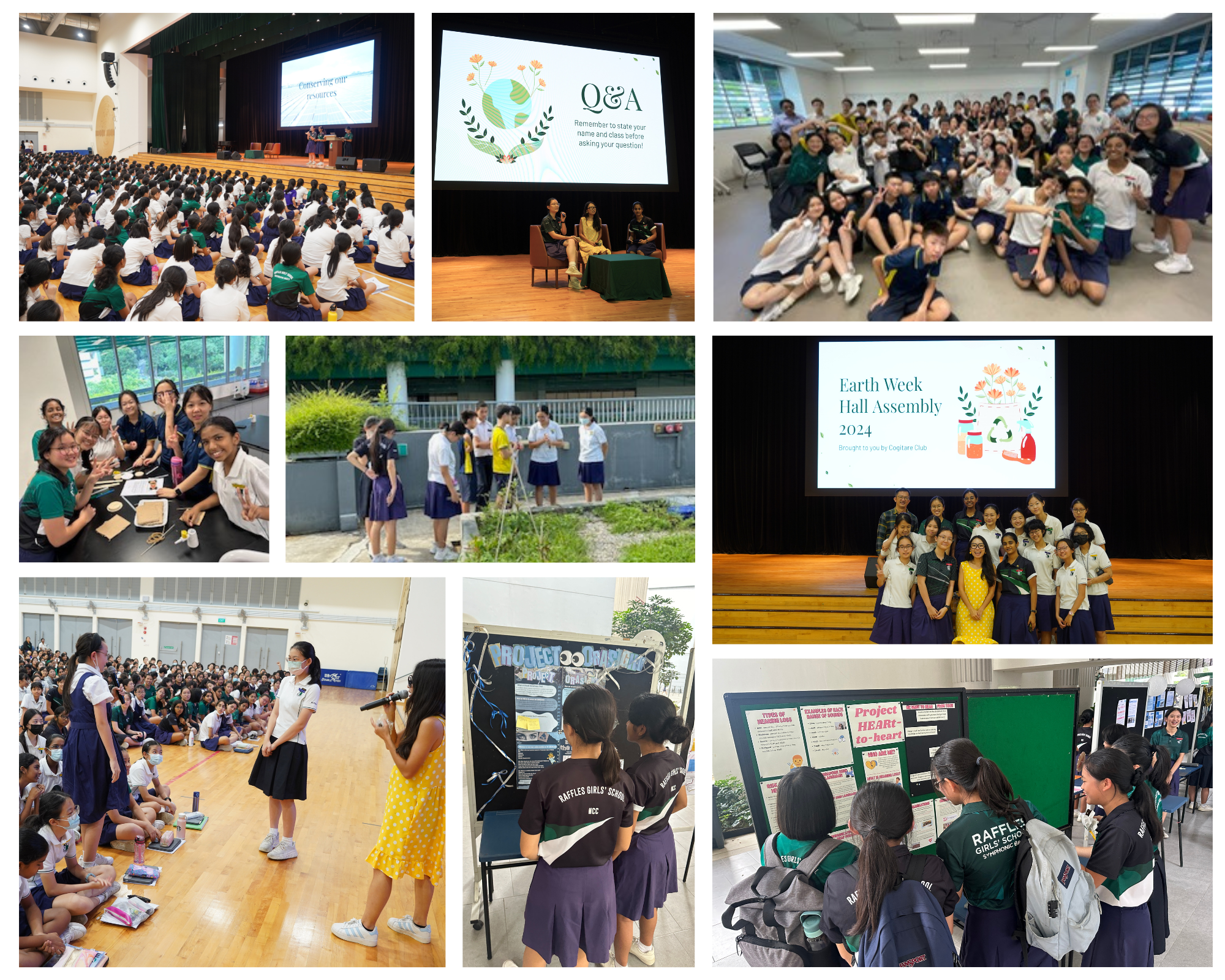 Collage of students at school events: assemblies, Q&A stage, group photos, outdoor activity, poster displays.