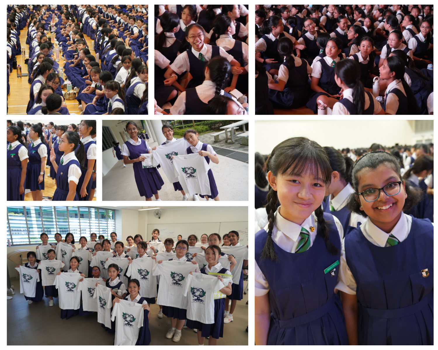 Collage of schoolgirls in navy uniforms at a school event, some holding printed white t-shirts, smiling together.