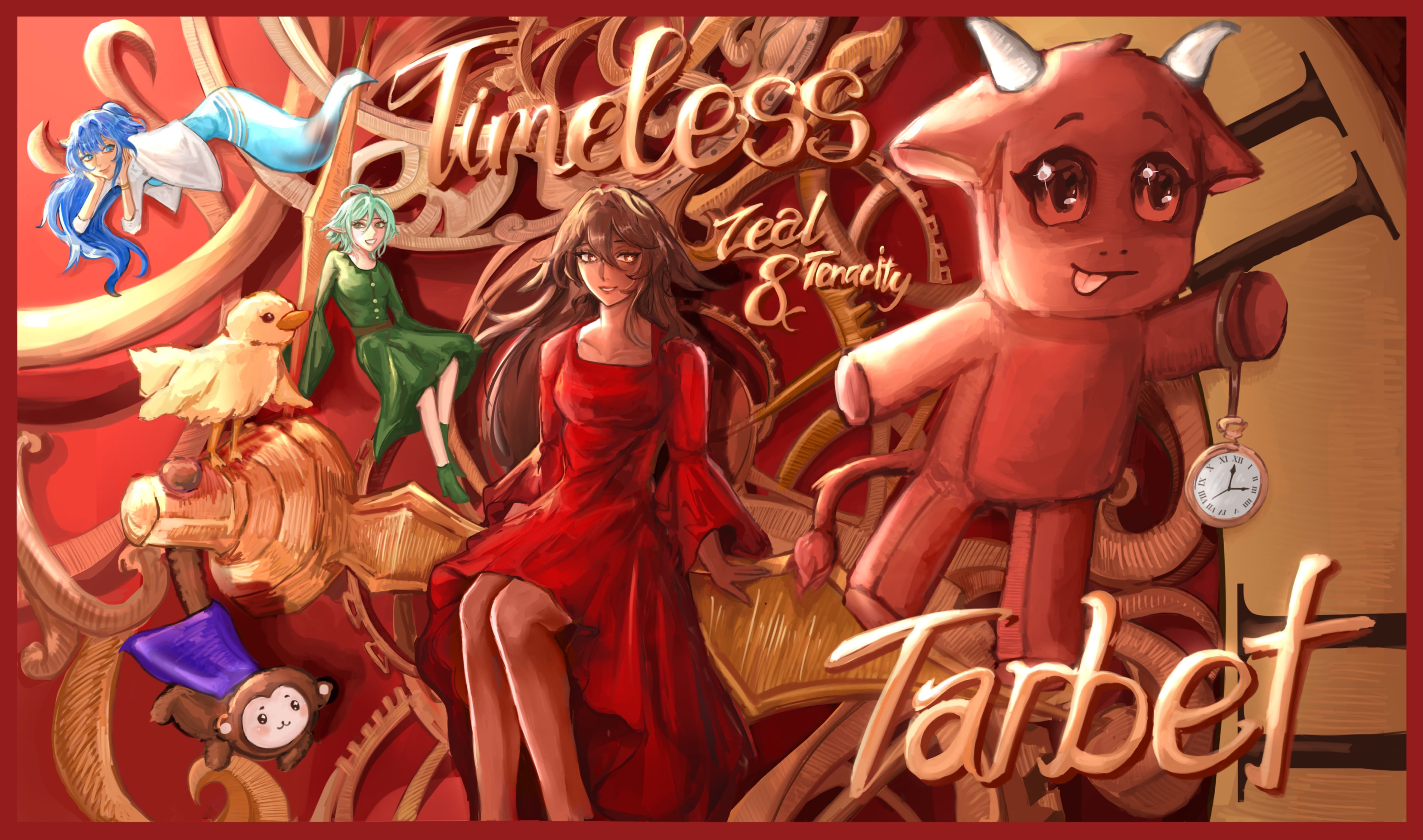 Colorful anime-style art titled Tarbet, Timeless Zeal and Tenacity featuring characters, a red bull plush, and golden clock gears.