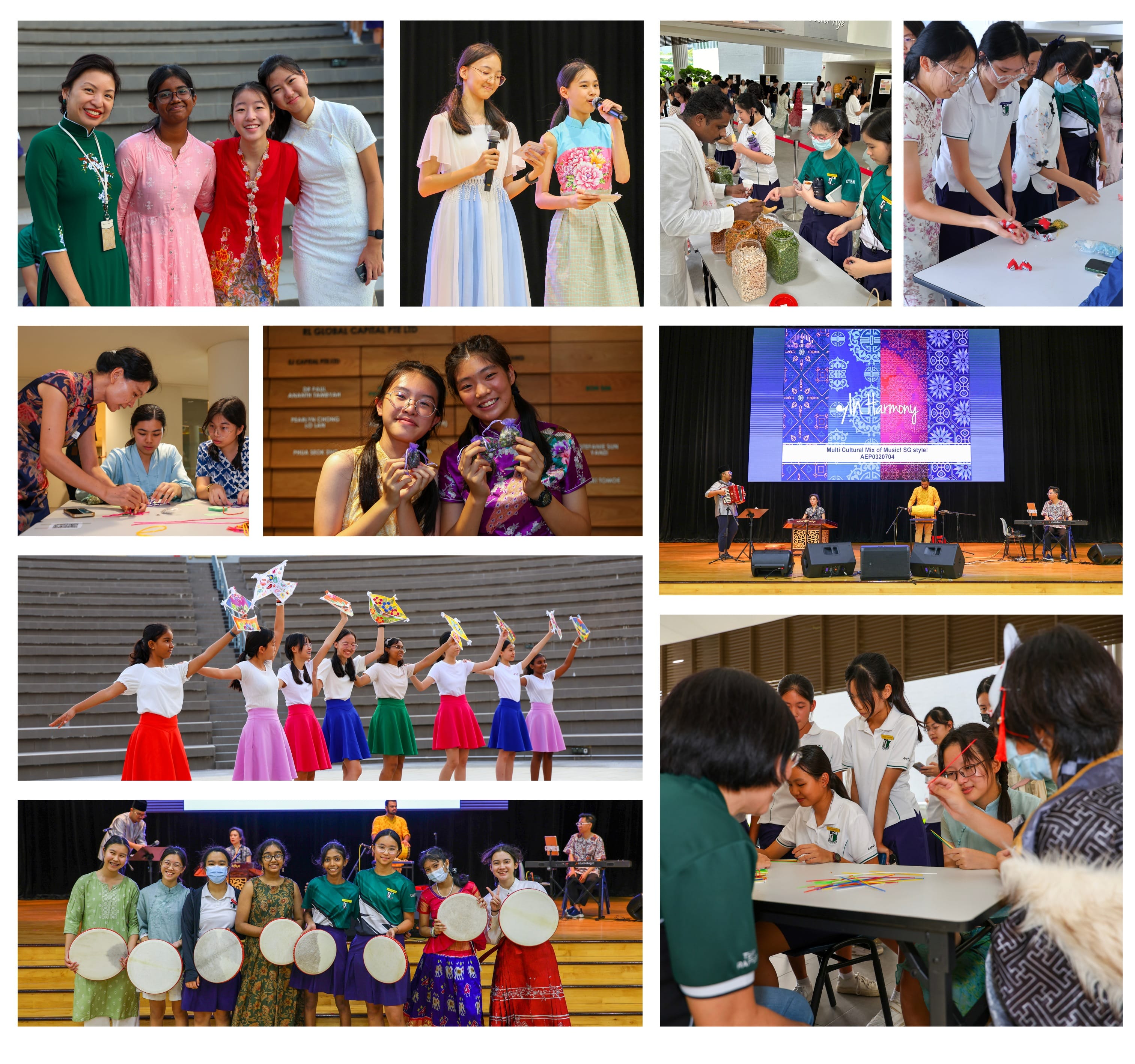 Collage of a multicultural school event with students dancing, performing on stage, and doing craft activities together.