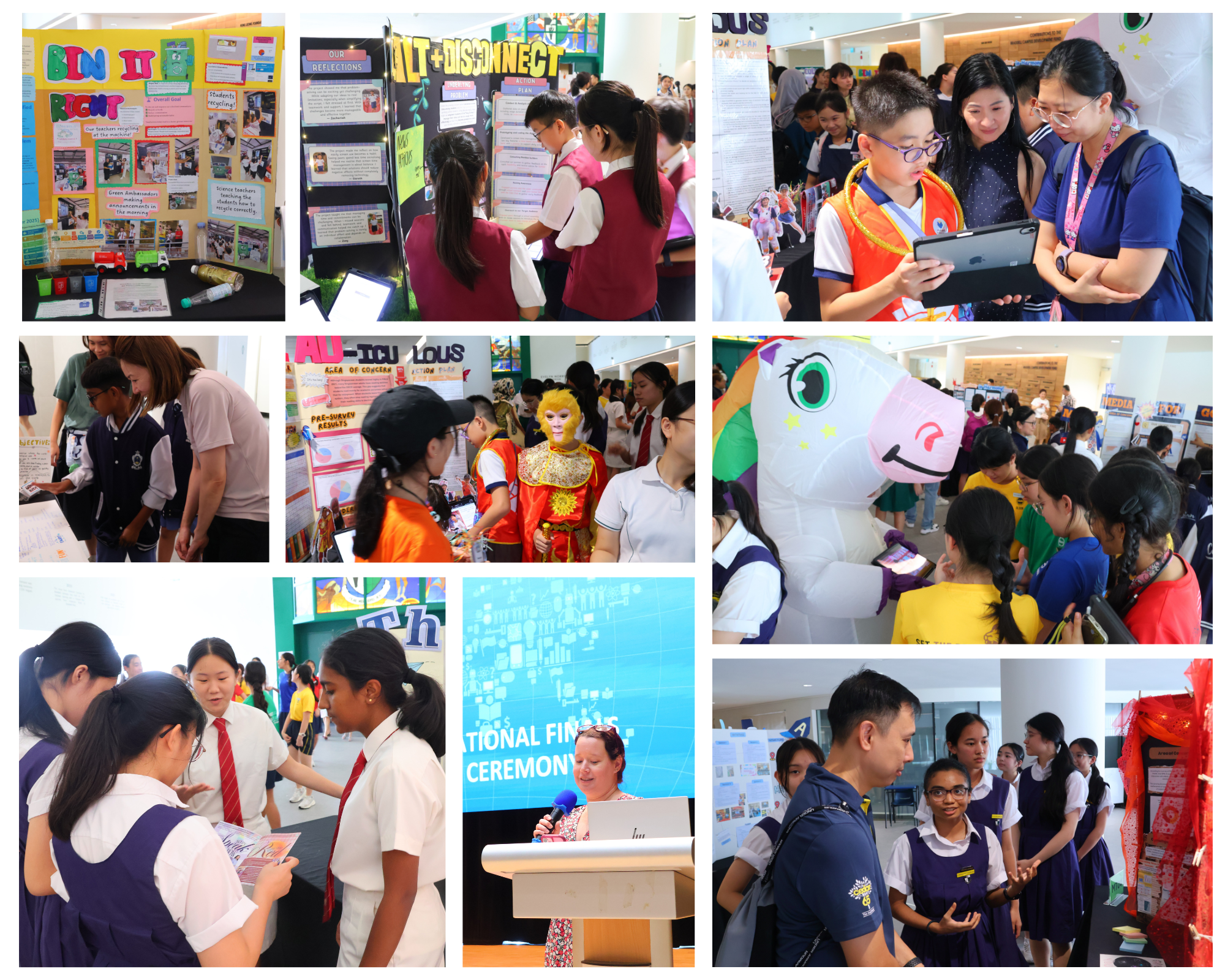 Collage of students and adults at a school fair, viewing posters, using tablets, and greeting a mascot.