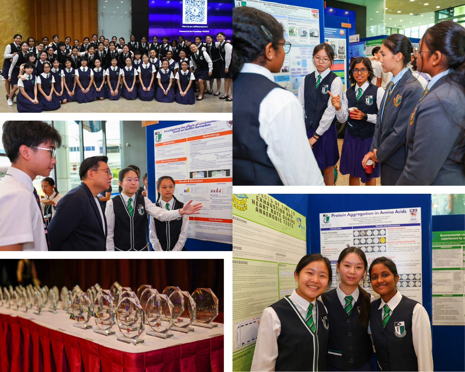 Collage of students in uniforms at a science fair: group photo, poster discussions, awards on table, smiling trio.