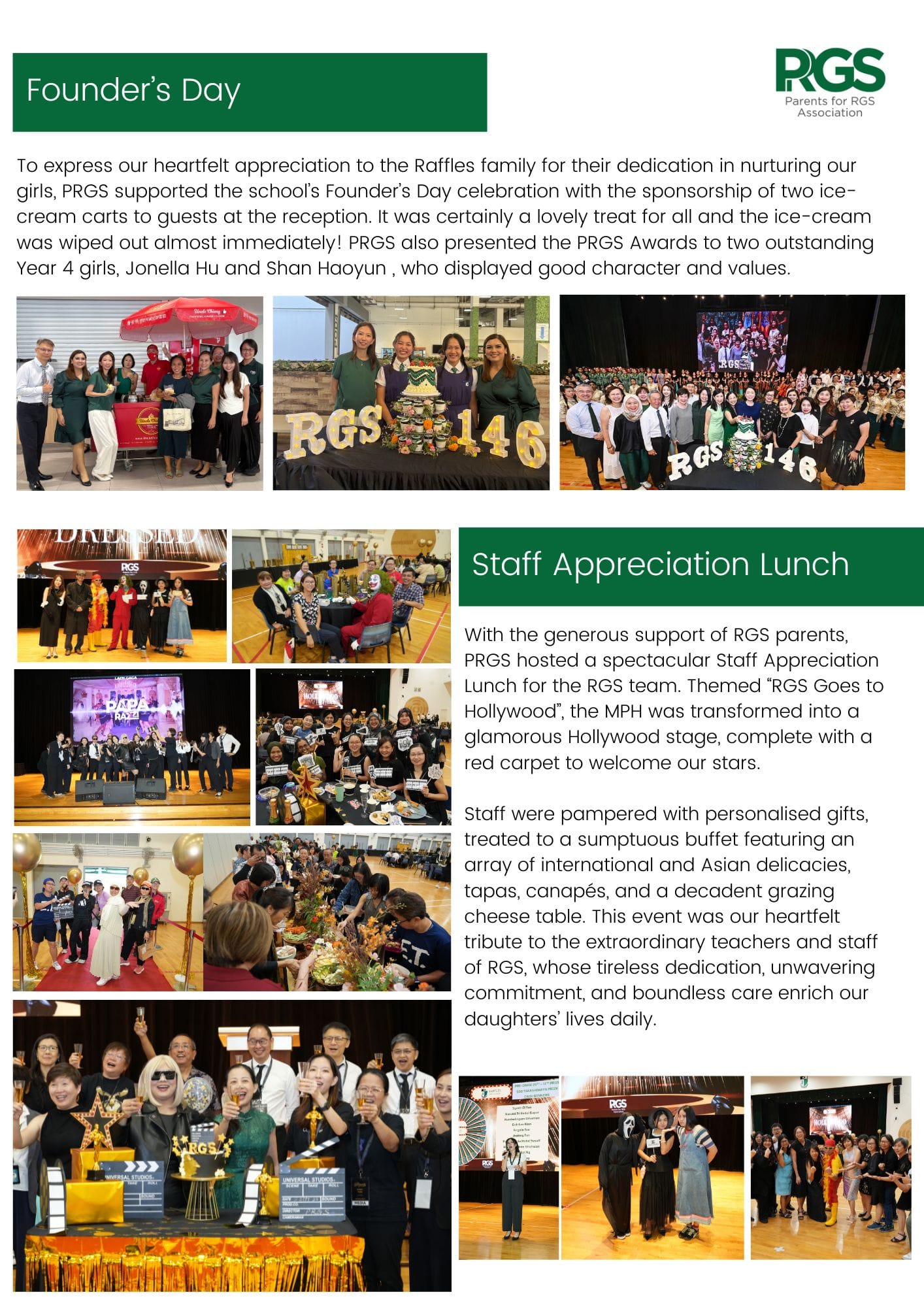 Flyer showing RGS Founder's Day and Staff Appreciation Lunch events with multiple group photos of students and staff.