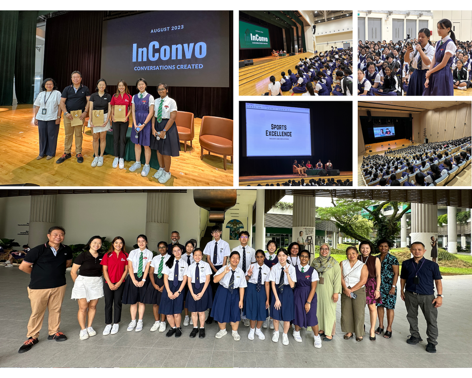 Collage of students in uniform and adults at an InConvo auditorium event, with stage, crowds, and group photos.