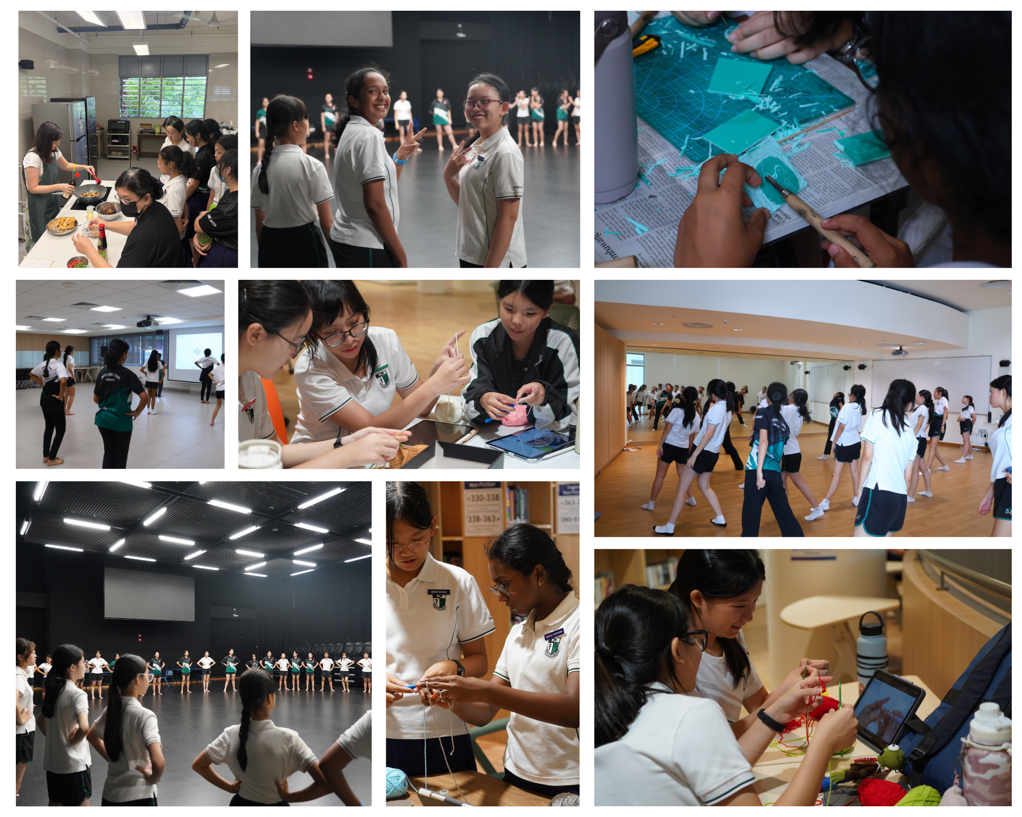 Collage of school girls in uniforms doing activities like dancing, crafting, cooking, and knitting in various rooms.