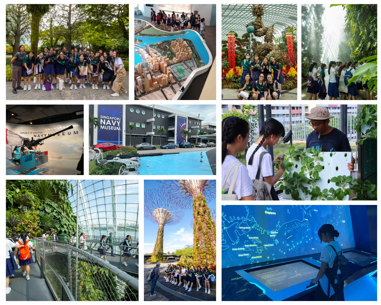 A collage of student field trips in Singapore, including Gardens by the Bay, Navy Museum, and interactive exhibits.
