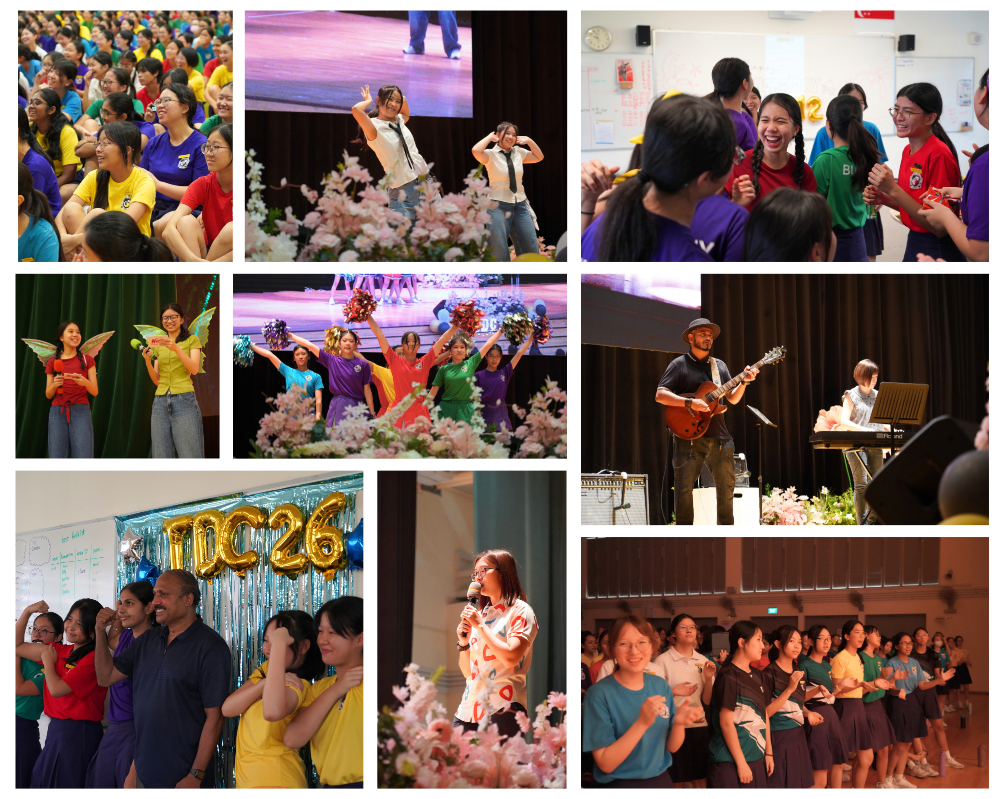 A photo collage of students performing on stage dressed in colourful outfits.