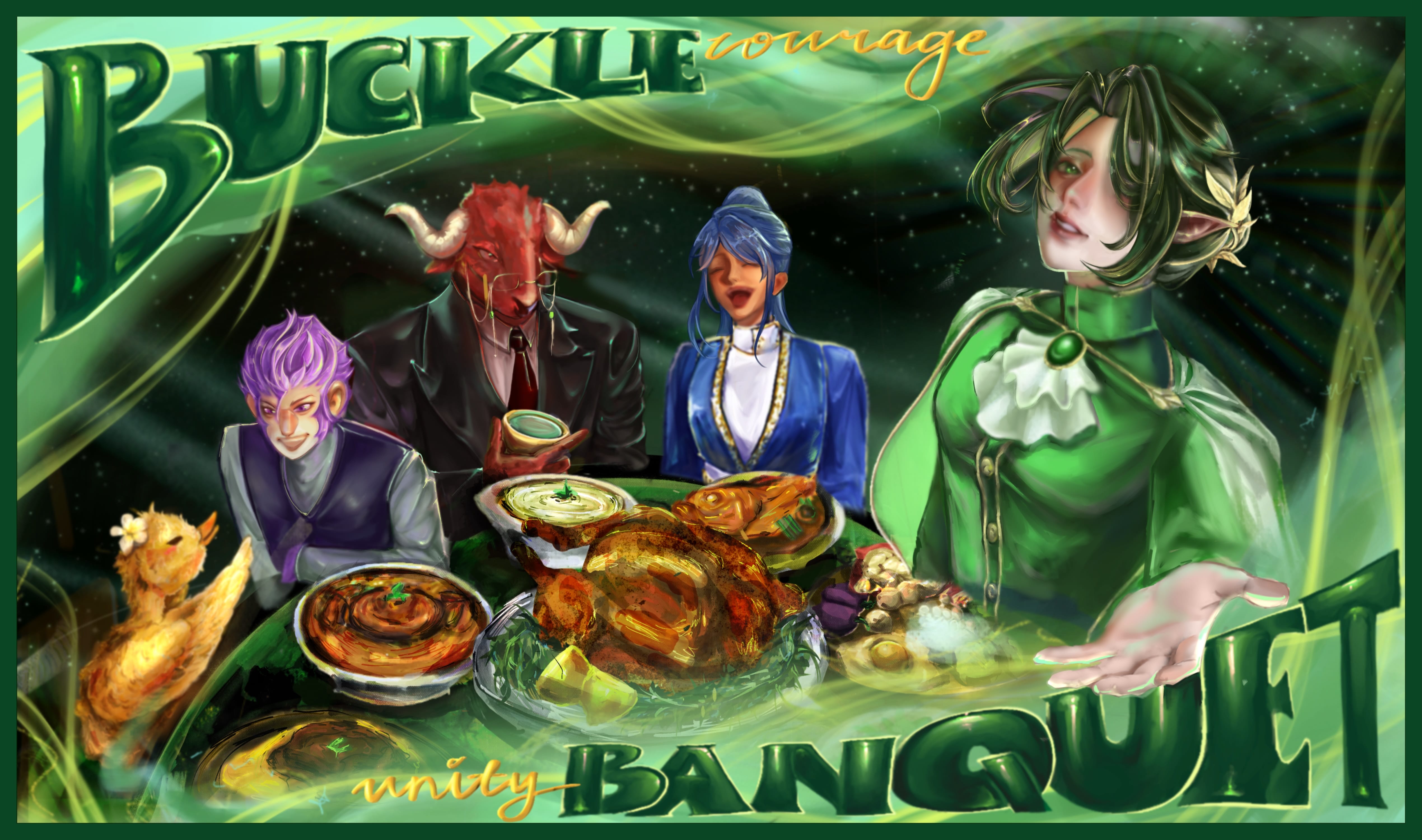 Fantasy art showing four characters at a feast table with food, titled Buckle Courage Unity Banquet in green text.