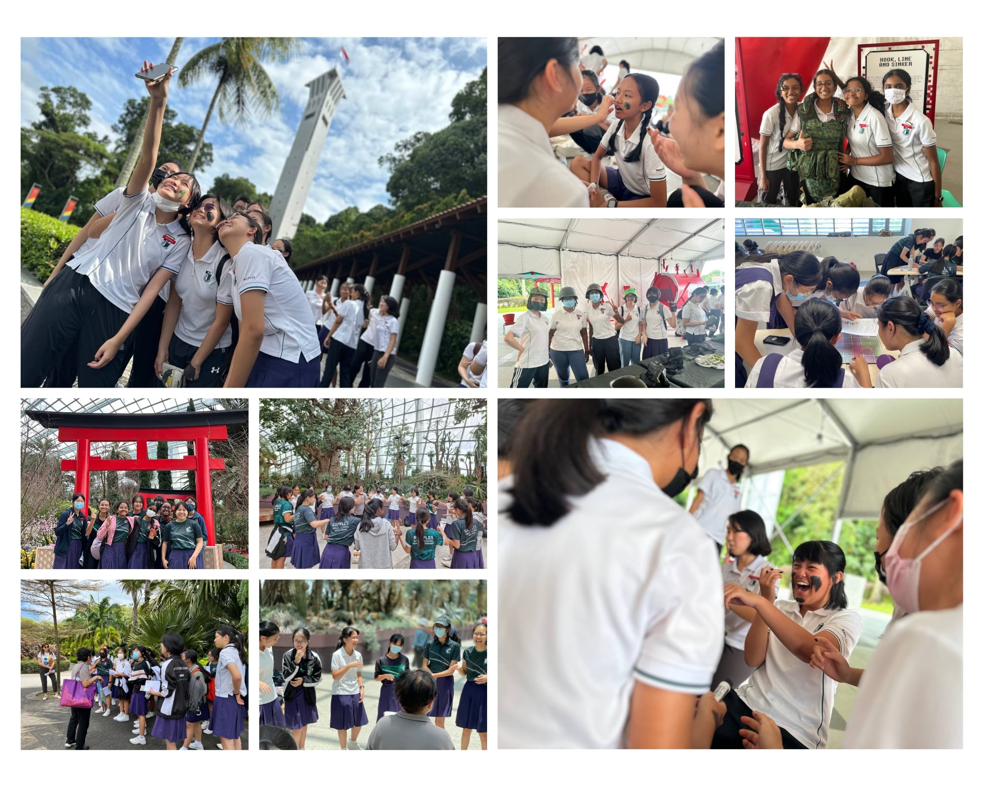 A collage of school students in uniforms on an outdoor trip, taking selfies, applying face paint, and exploring gardens.