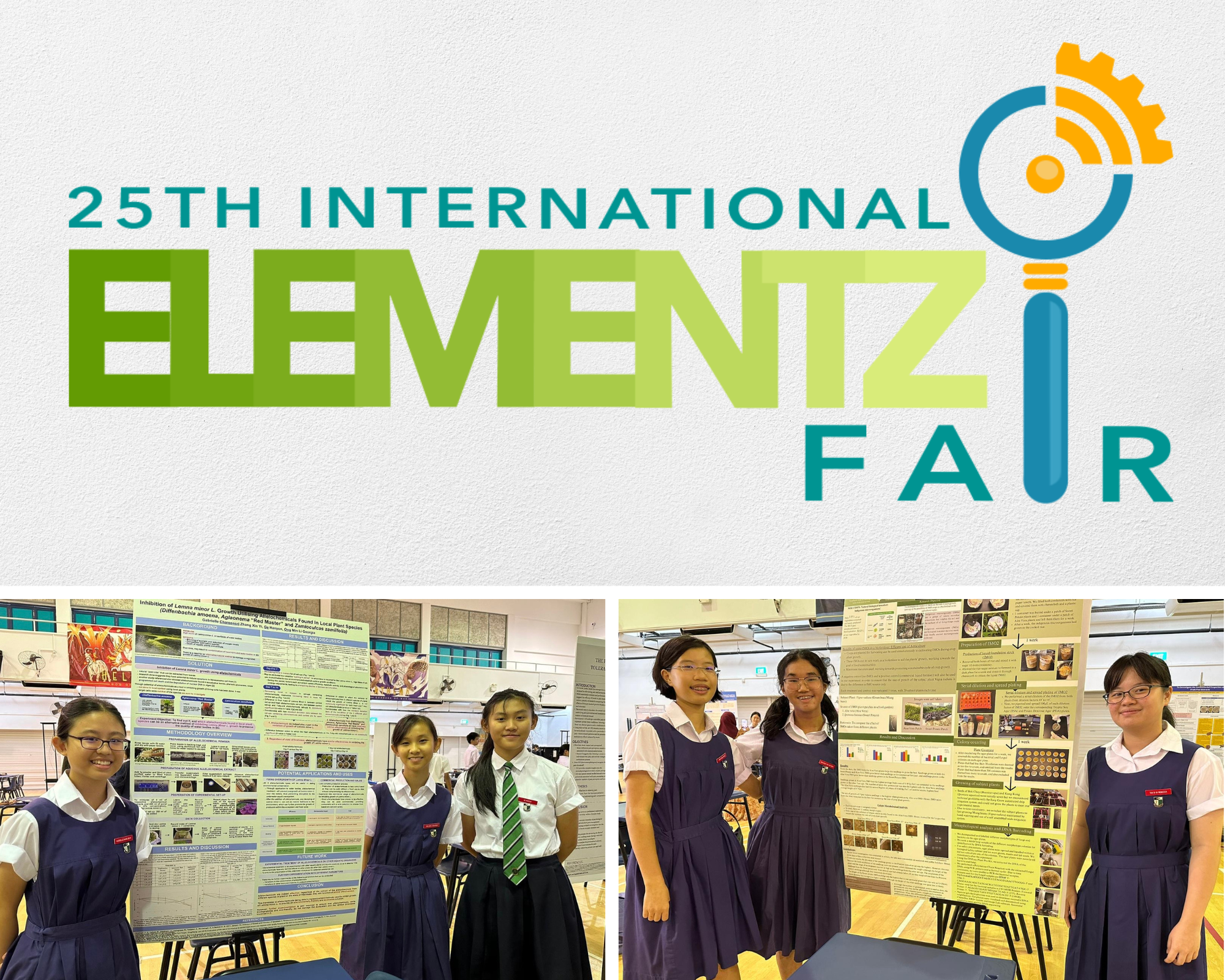 Banner reading 25th International Elementz Fair above three students posing by poster boards in a hall