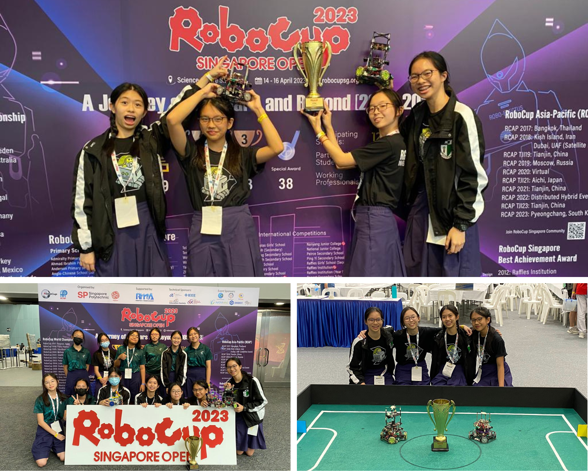 Collage of students at RoboCup Singapore Open 2023 holding trophies and posing with small robots on a field.