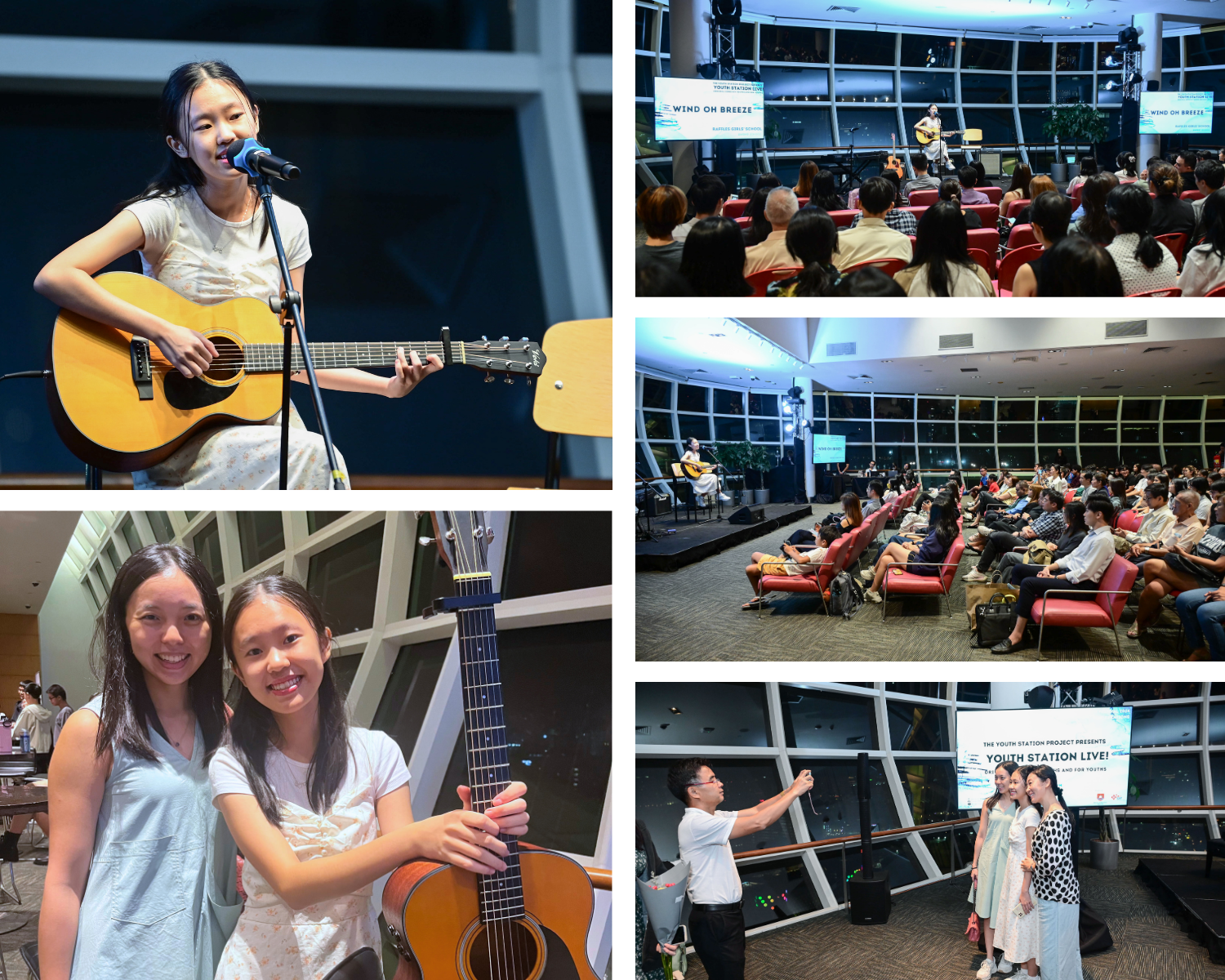 Photo collage of a young woman singing with guitar onstage, audience seated, and posing with another woman.
