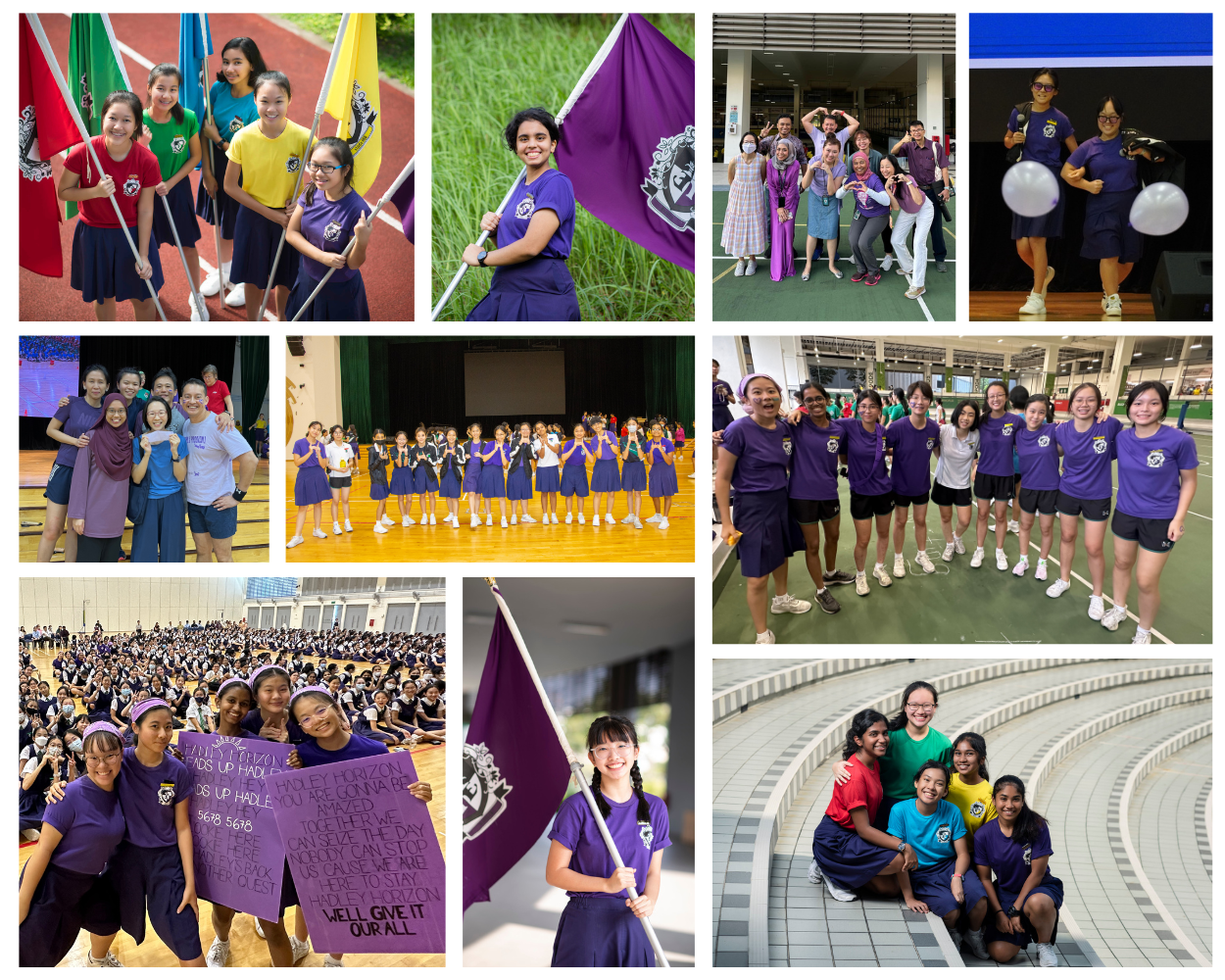Collage of school students in purple uniforms holding flags, posing in groups at sports and school events.